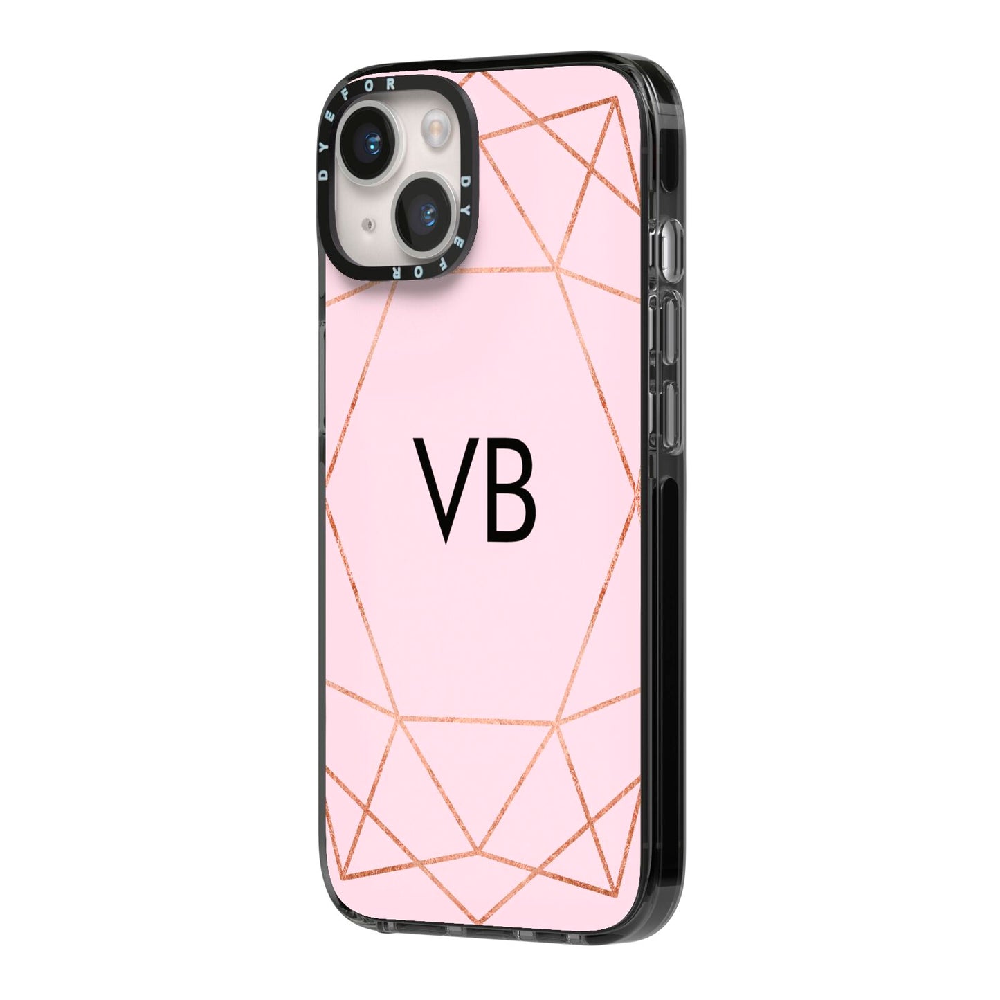 Personalised Pink Rose Gold Initials Geometric iPhone 14 Black Impact Case Side Angle on Silver phone