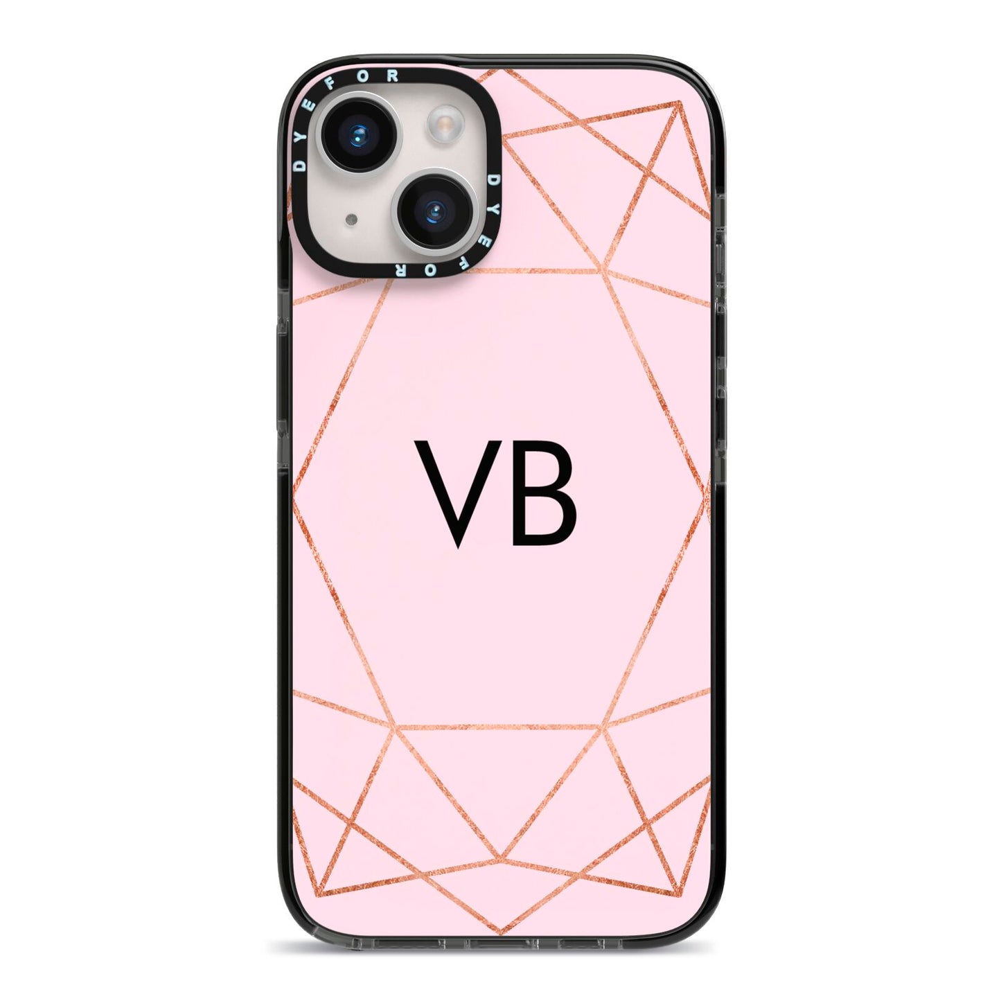 Personalised Pink Rose Gold Initials Geometric iPhone 14 Black Impact Case on Silver phone