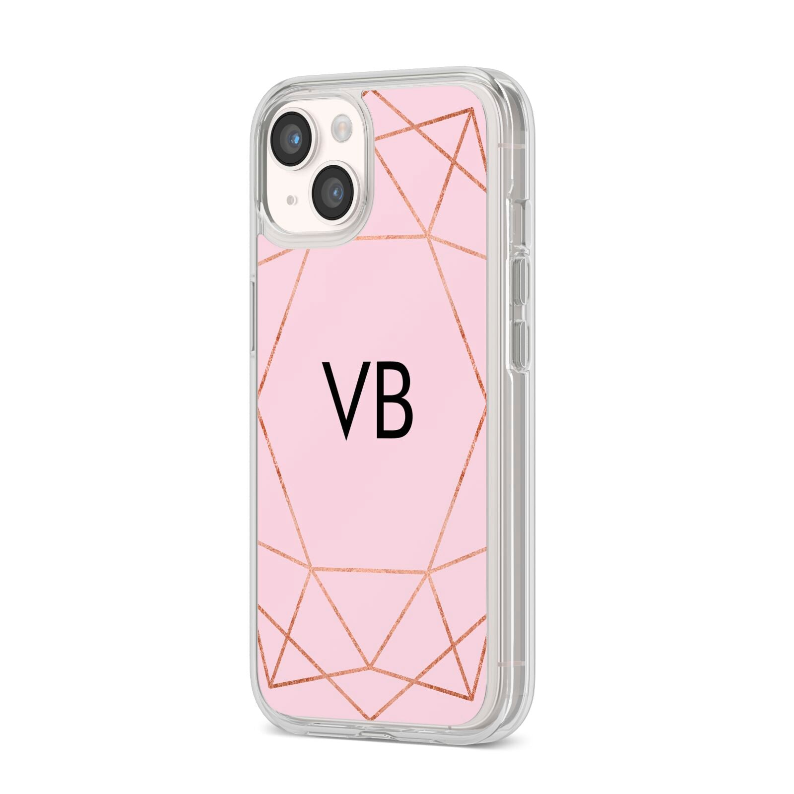 Personalised Pink Rose Gold Initials Geometric iPhone 14 Clear Tough Case Starlight Angled Image