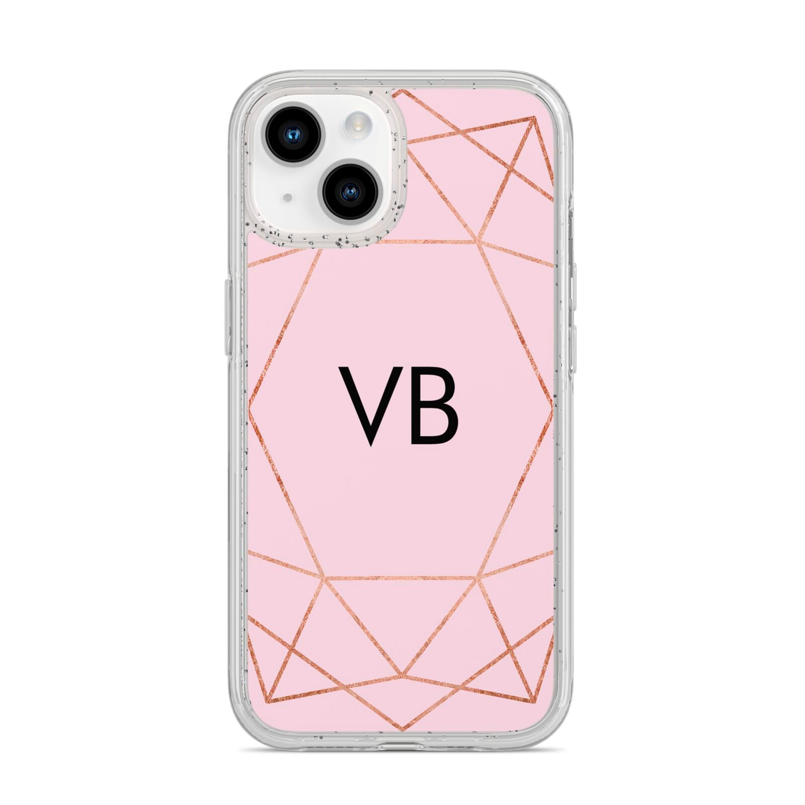 Personalised Pink Rose Gold Initials Geometric iPhone 14 Glitter Tough Case Starlight