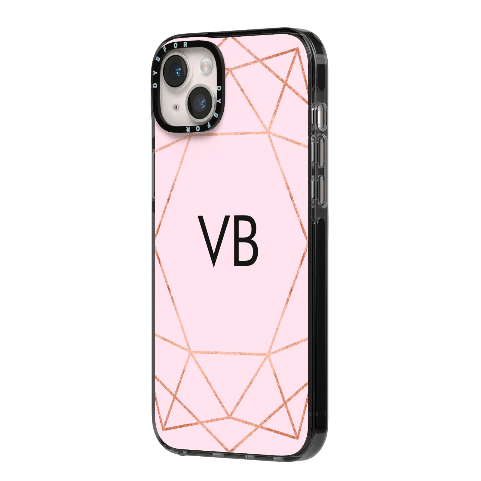 Personalised Pink Rose Gold Initials Geometric iPhone 14 Plus Black Impact Case Side Angle on Silver phone