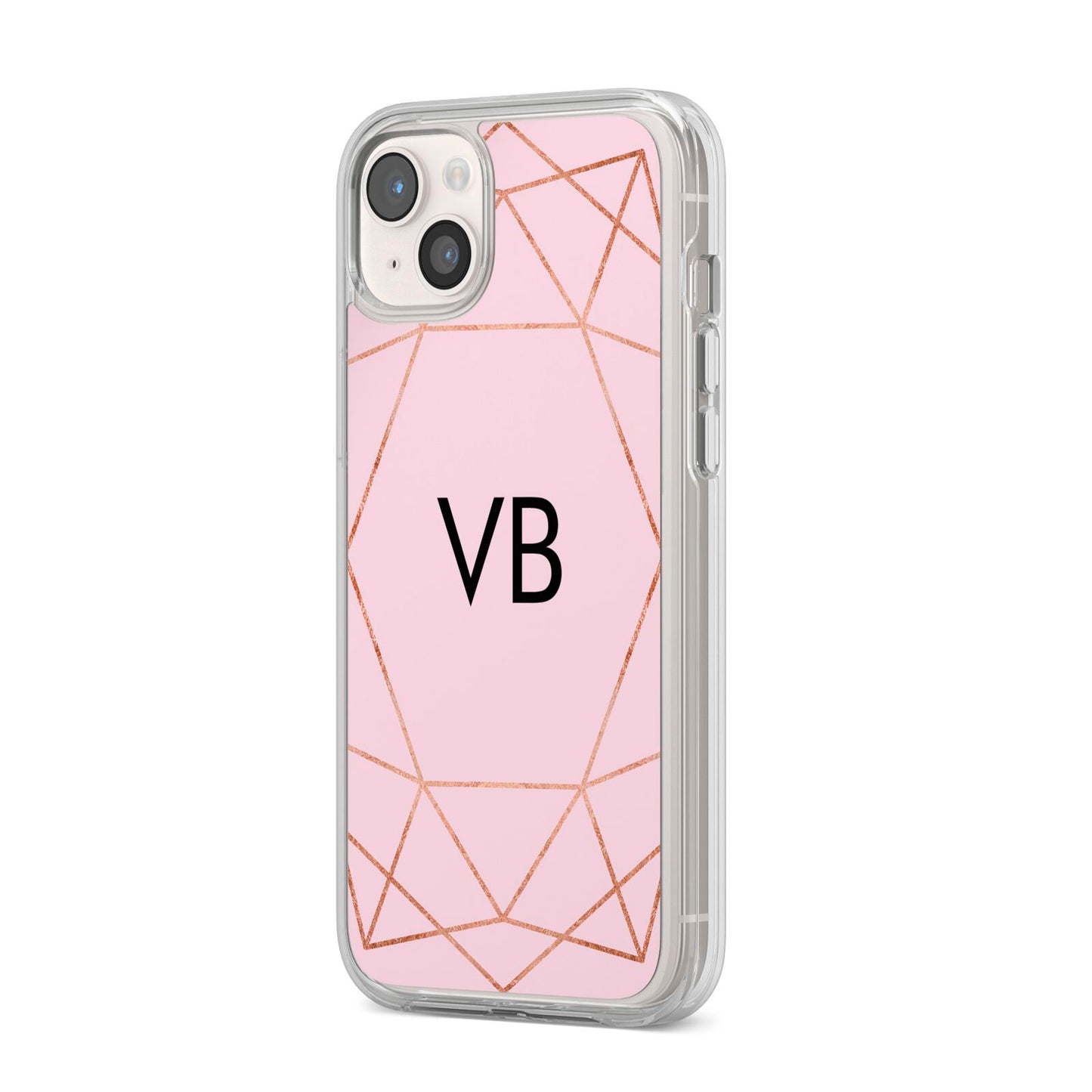 Personalised Pink Rose Gold Initials Geometric iPhone 14 Plus Clear Tough Case Starlight Angled Image