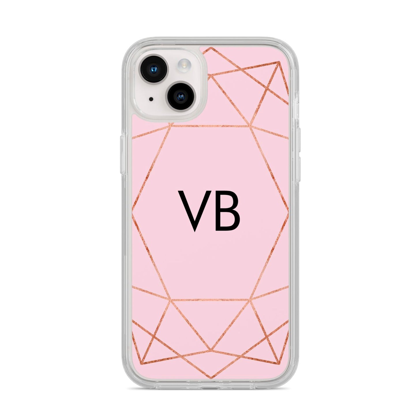 Personalised Pink Rose Gold Initials Geometric iPhone 14 Plus Clear Tough Case Starlight