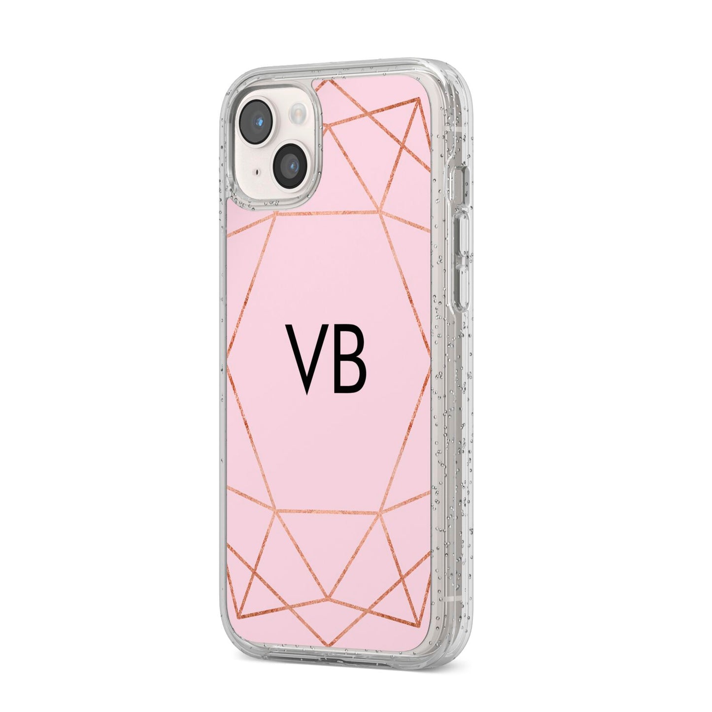 Personalised Pink Rose Gold Initials Geometric iPhone 14 Plus Glitter Tough Case Starlight Angled Image