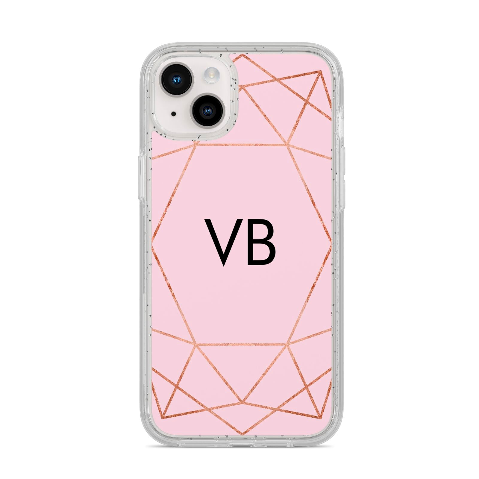 Personalised Pink Rose Gold Initials Geometric iPhone 14 Plus Glitter Tough Case Starlight