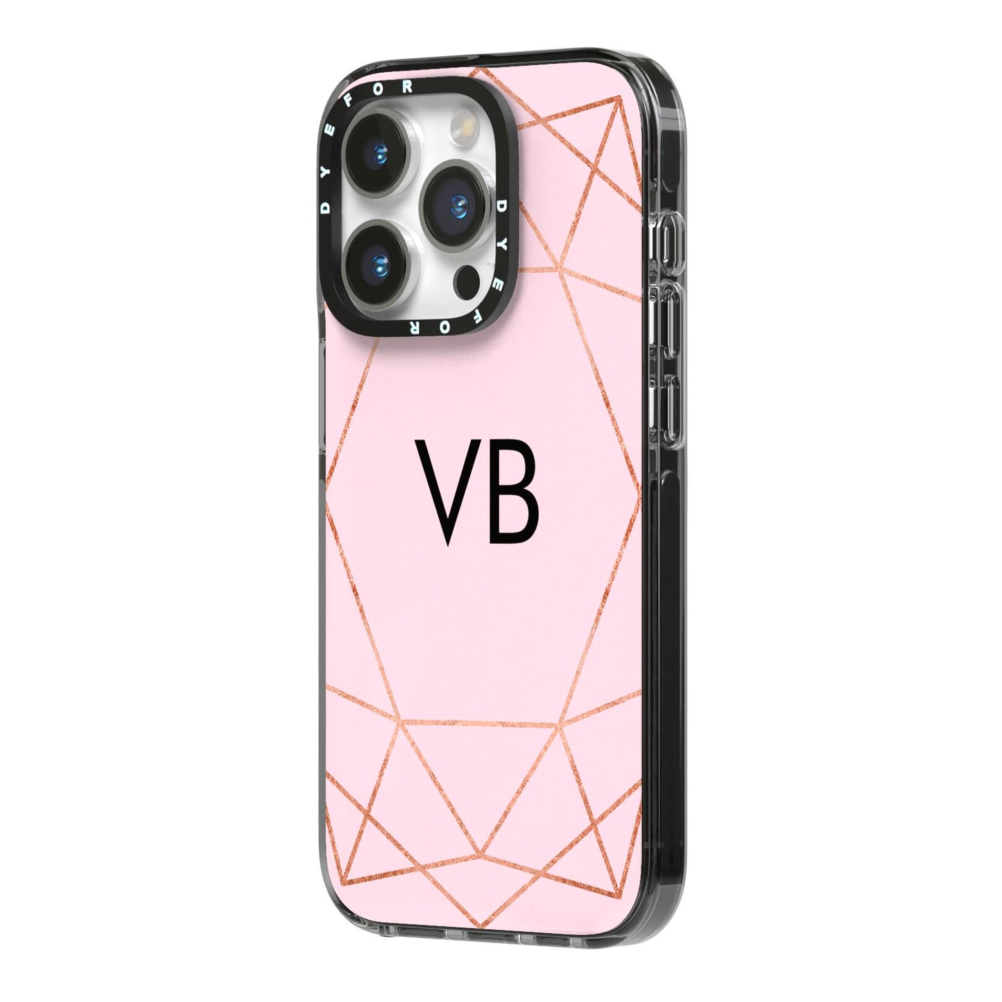 Personalised Pink Rose Gold Initials Geometric iPhone 14 Pro Black Impact Case Side Angle on Silver phone