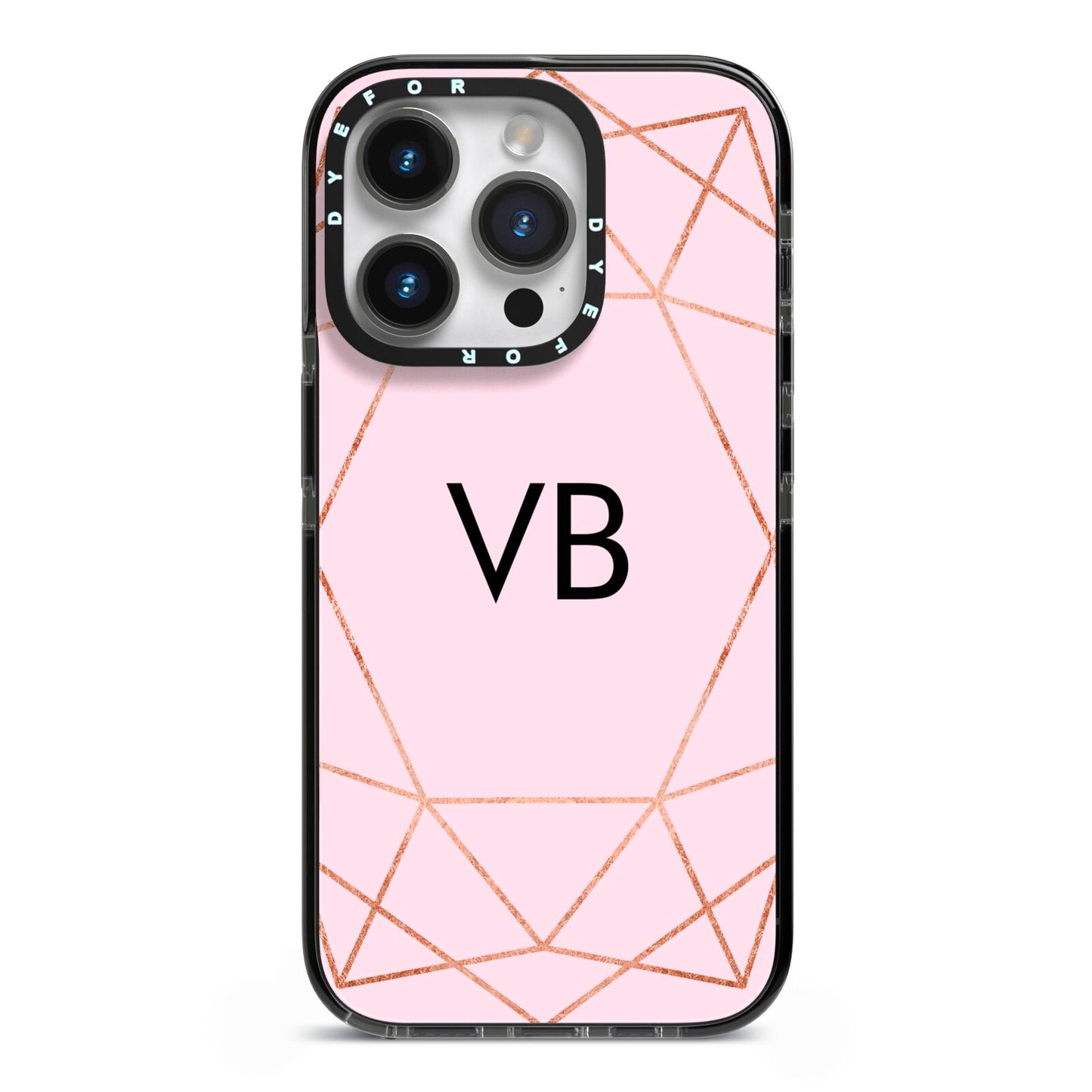 Personalised Pink Rose Gold Initials Geometric iPhone 14 Pro Black Impact Case on Silver phone