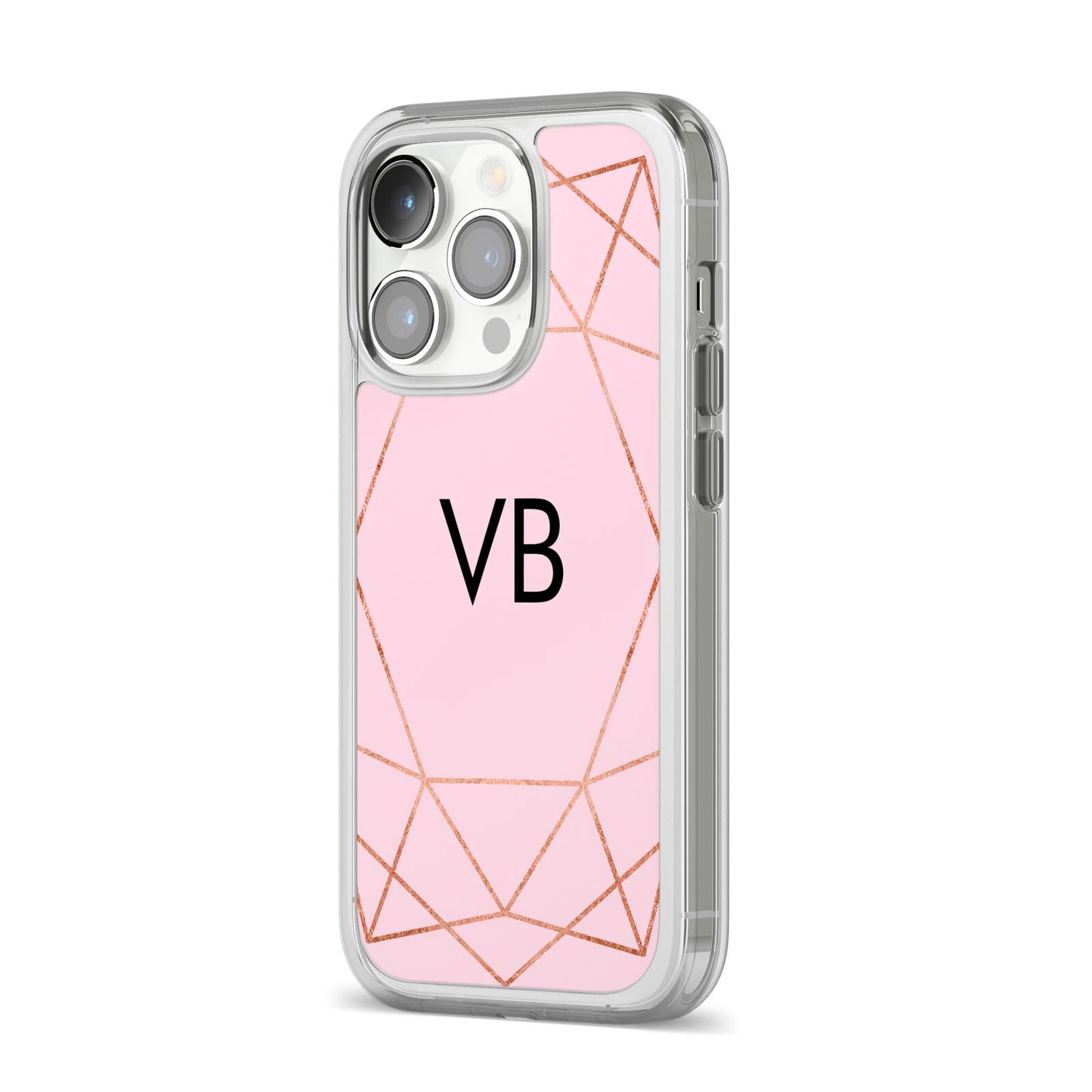 Personalised Pink Rose Gold Initials Geometric iPhone 14 Pro Clear Tough Case Silver Angled Image