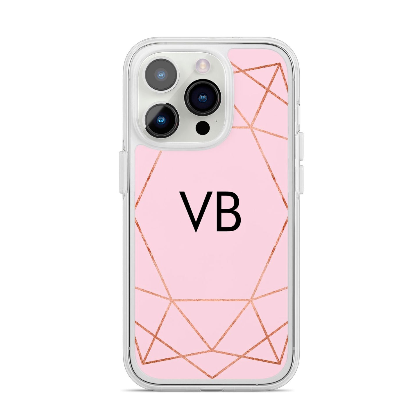 Personalised Pink Rose Gold Initials Geometric iPhone 14 Pro Clear Tough Case Silver