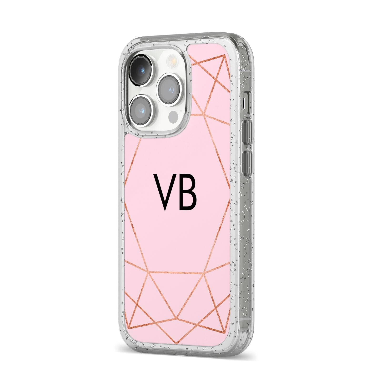 Personalised Pink Rose Gold Initials Geometric iPhone 14 Pro Glitter Tough Case Silver Angled Image