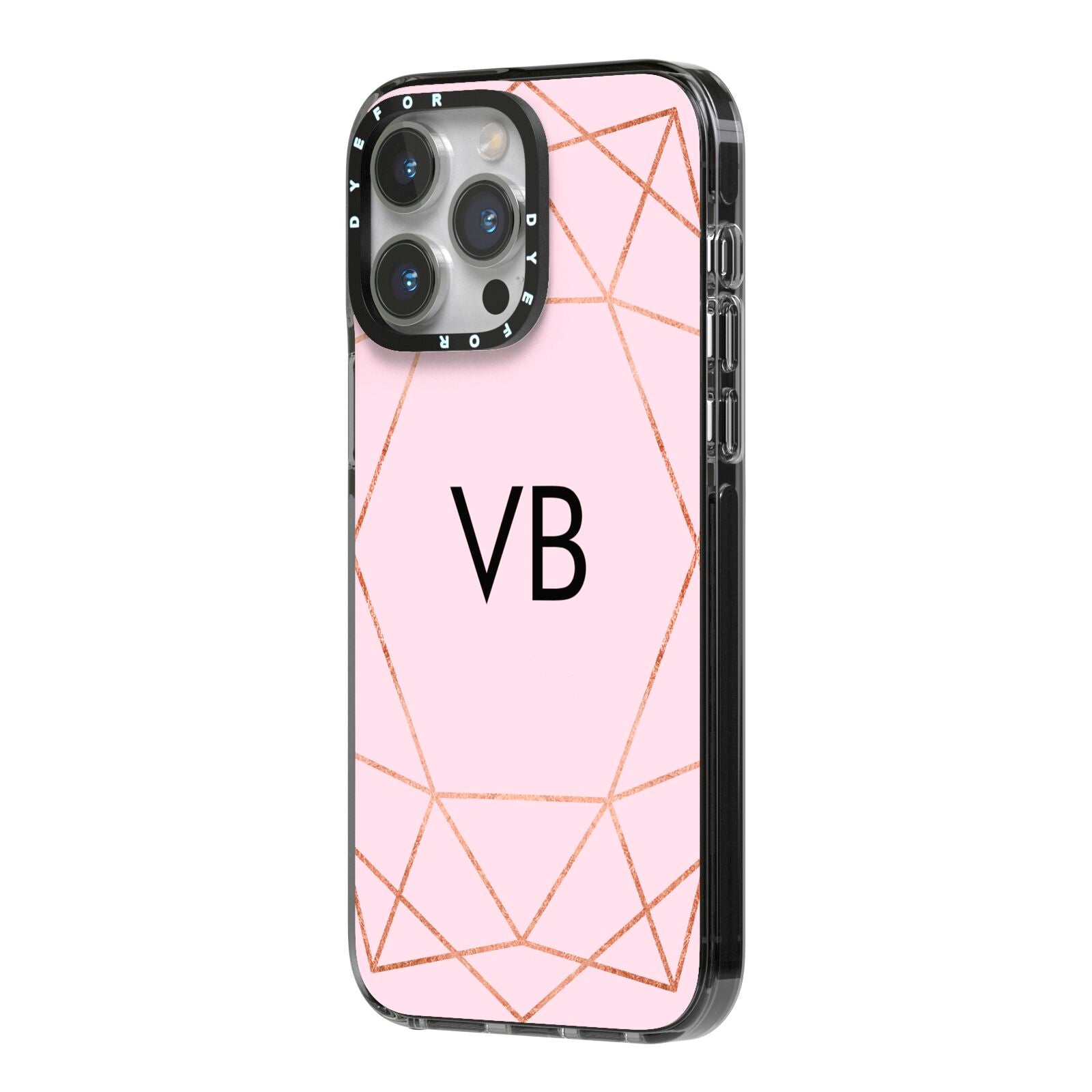 Personalised Pink Rose Gold Initials Geometric iPhone 14 Pro Max Black Impact Case Side Angle on Silver phone