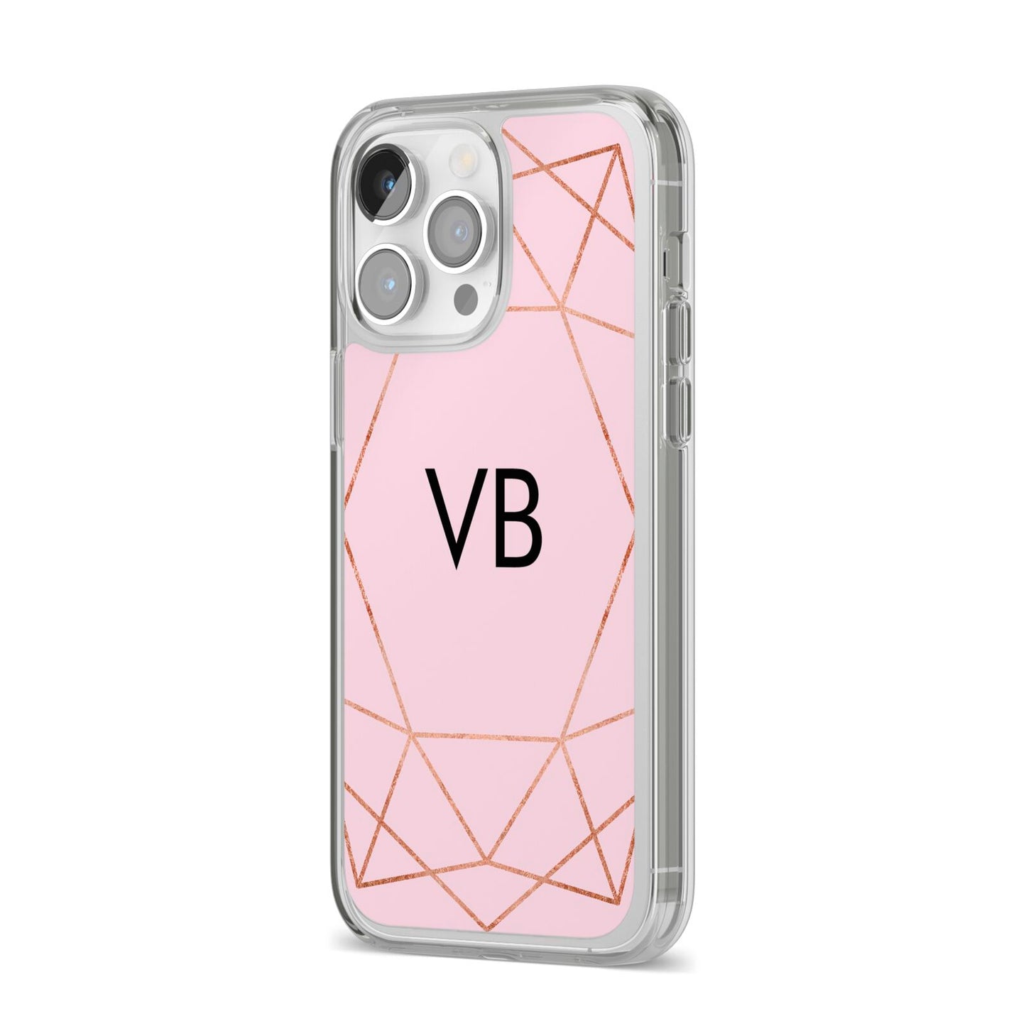 Personalised Pink Rose Gold Initials Geometric iPhone 14 Pro Max Clear Tough Case Silver Angled Image