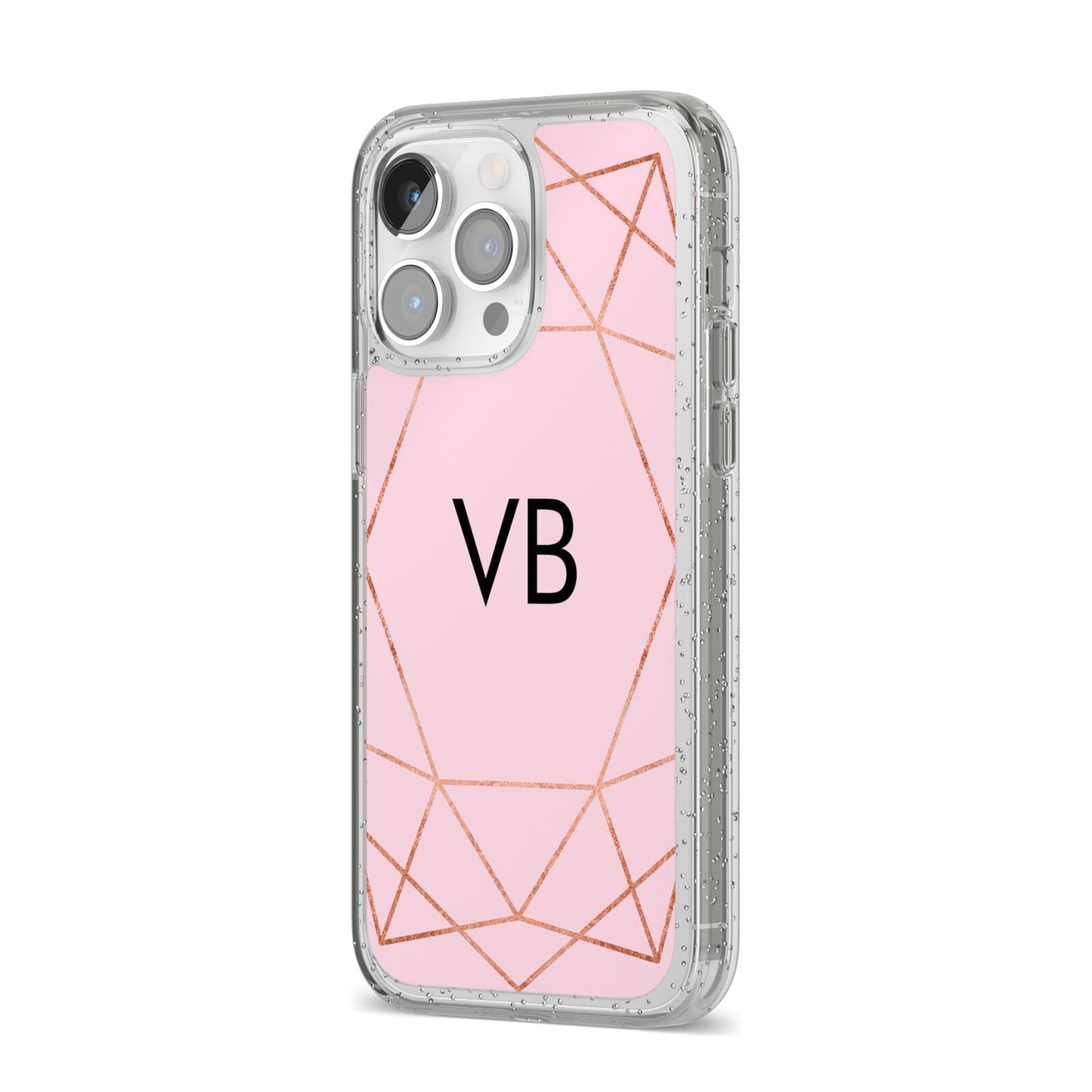 Personalised Pink Rose Gold Initials Geometric iPhone 14 Pro Max Glitter Tough Case Silver Angled Image