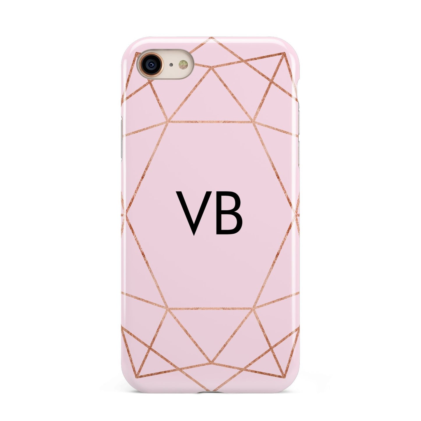 Personalised Pink Rose Gold Initials Geometric iPhone 8 3D Tough Case on Gold Phone