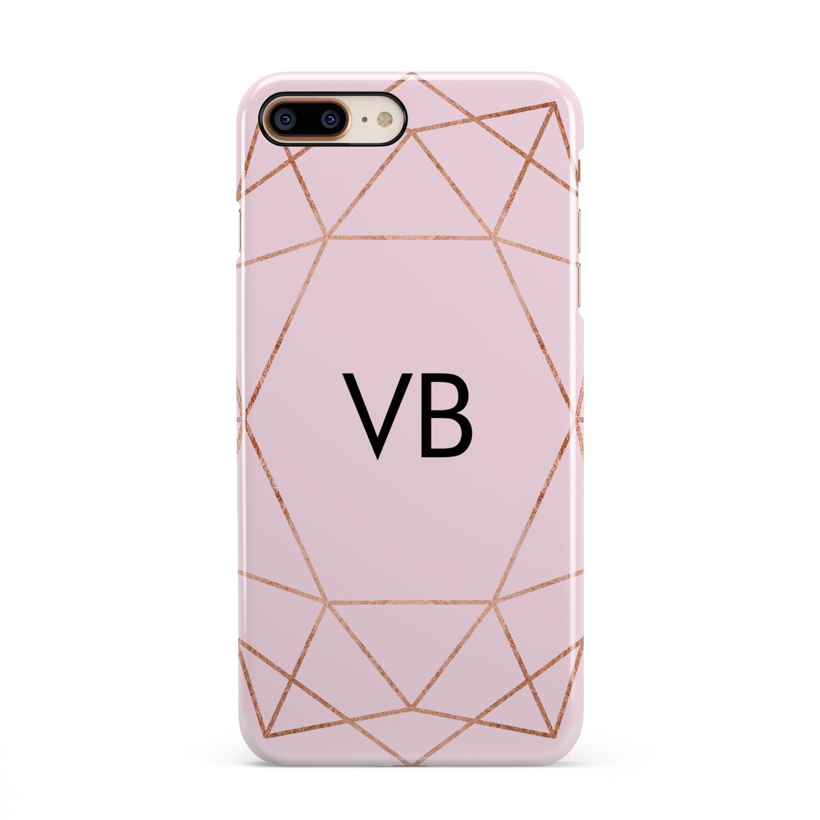 Personalised Pink Rose Gold Initials Geometric iPhone 8 Plus 3D Snap Case on Gold Phone