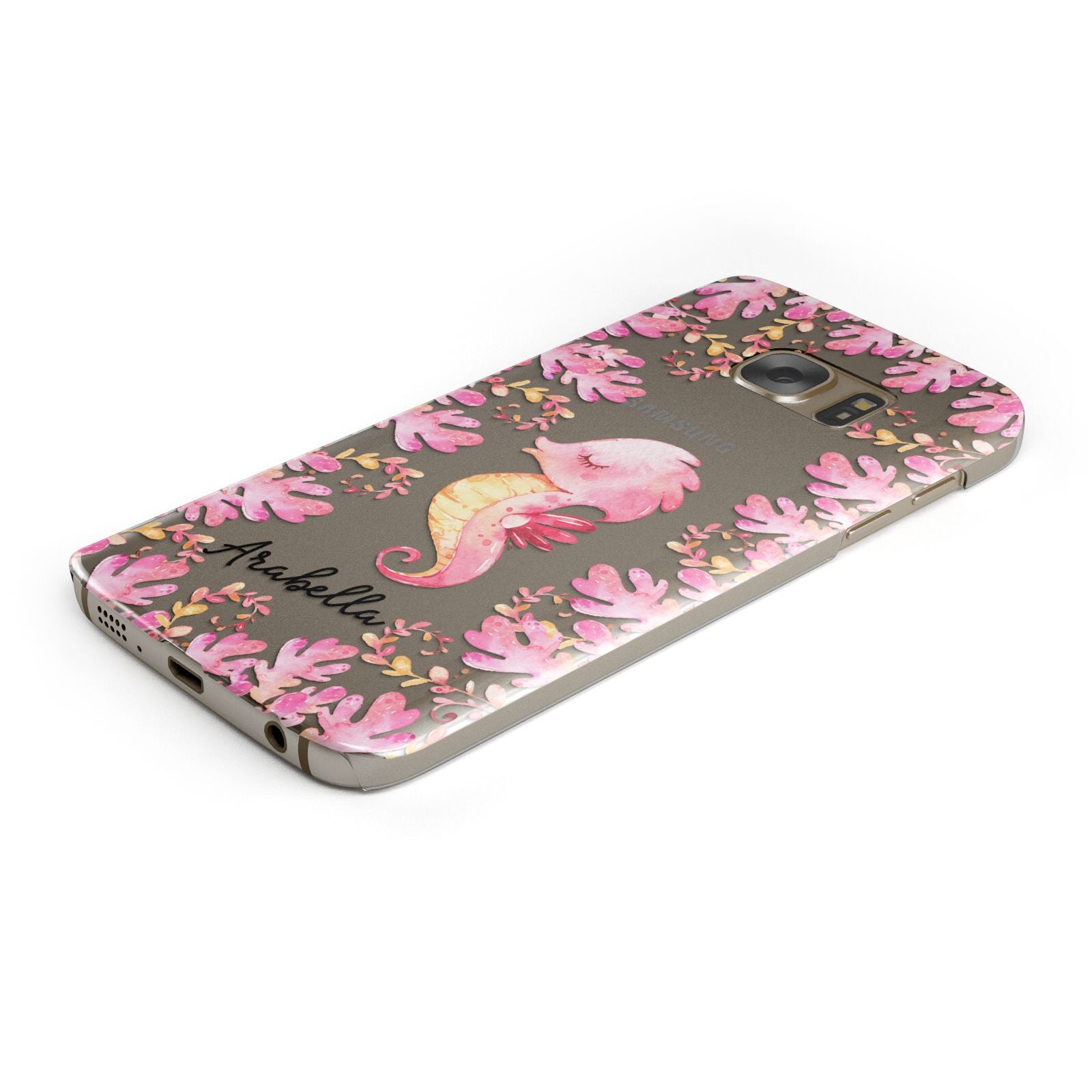 Personalised Pink Seahorse Protective Samsung Galaxy Case Angled Image