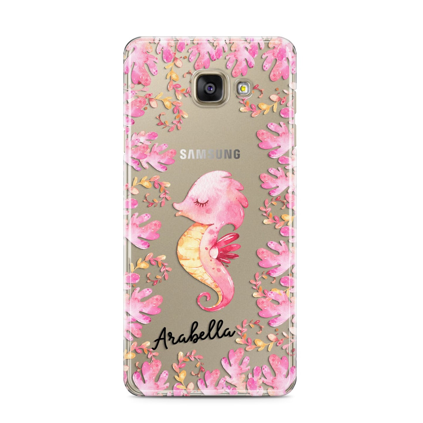 Personalised Pink Seahorse Samsung Galaxy A3 2016 Case on gold phone