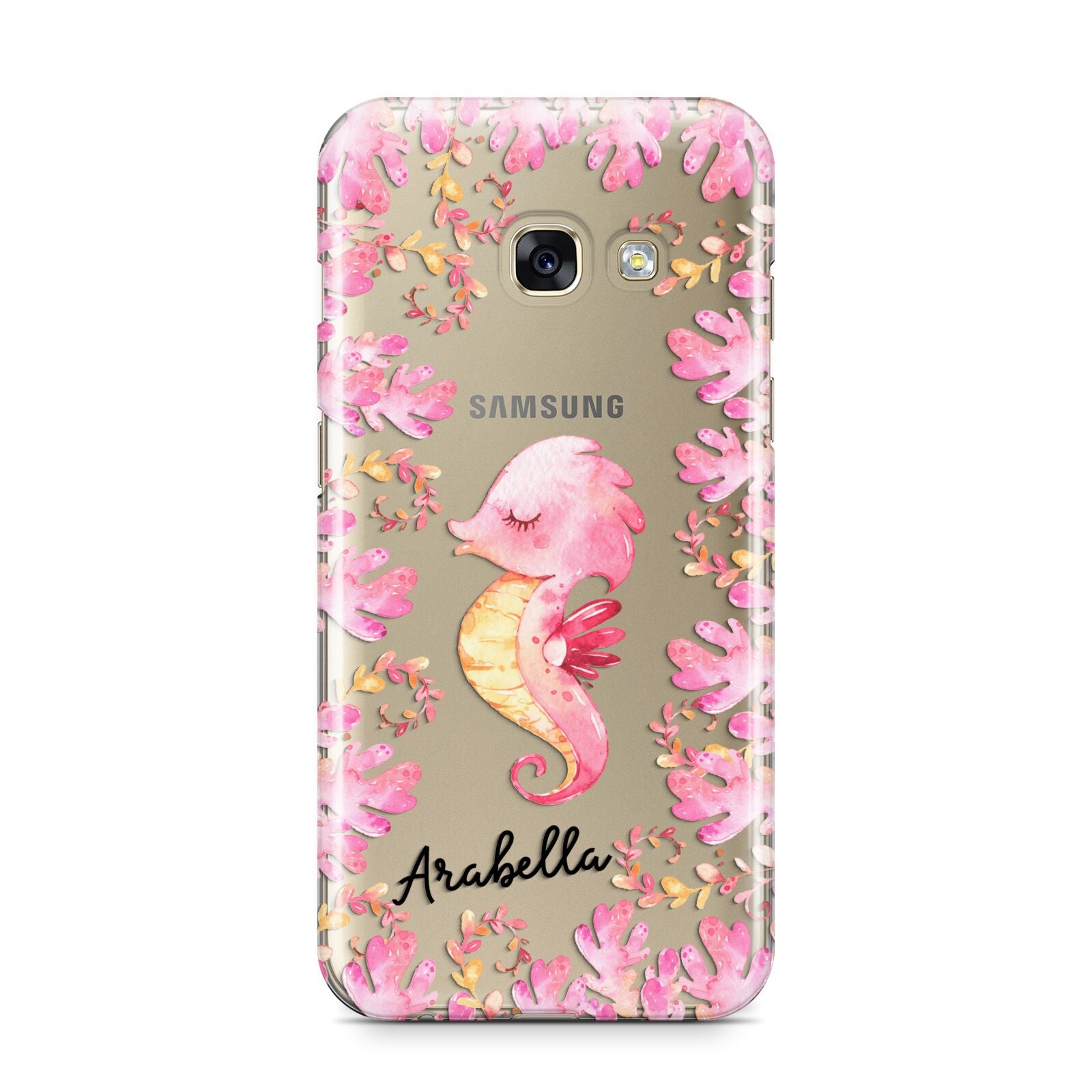 Personalised Pink Seahorse Samsung Galaxy A3 2017 Case on gold phone