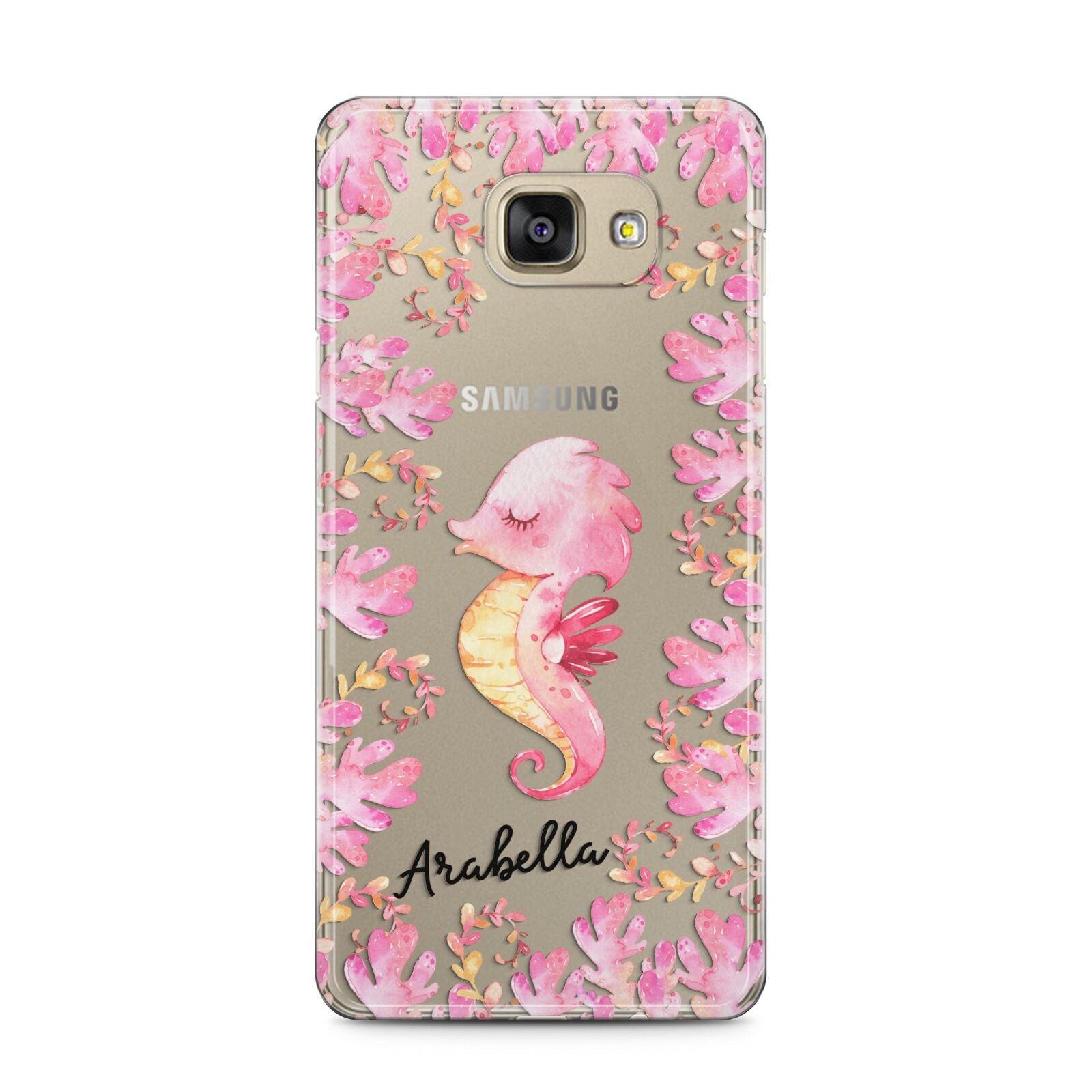 Personalised Pink Seahorse Samsung Galaxy A5 2016 Case on gold phone