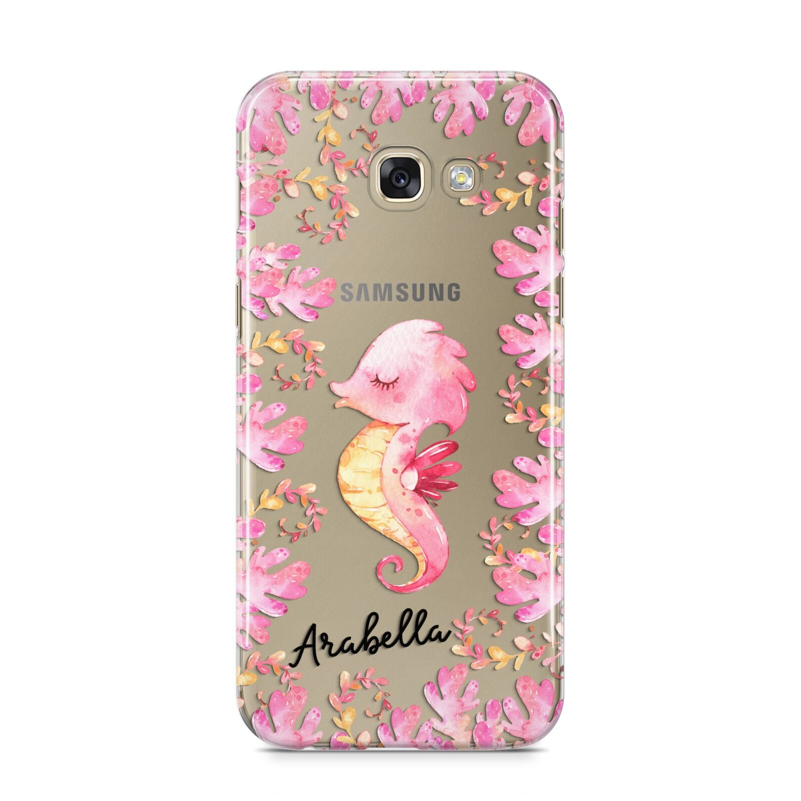 Personalised Pink Seahorse Samsung Galaxy A5 2017 Case on gold phone