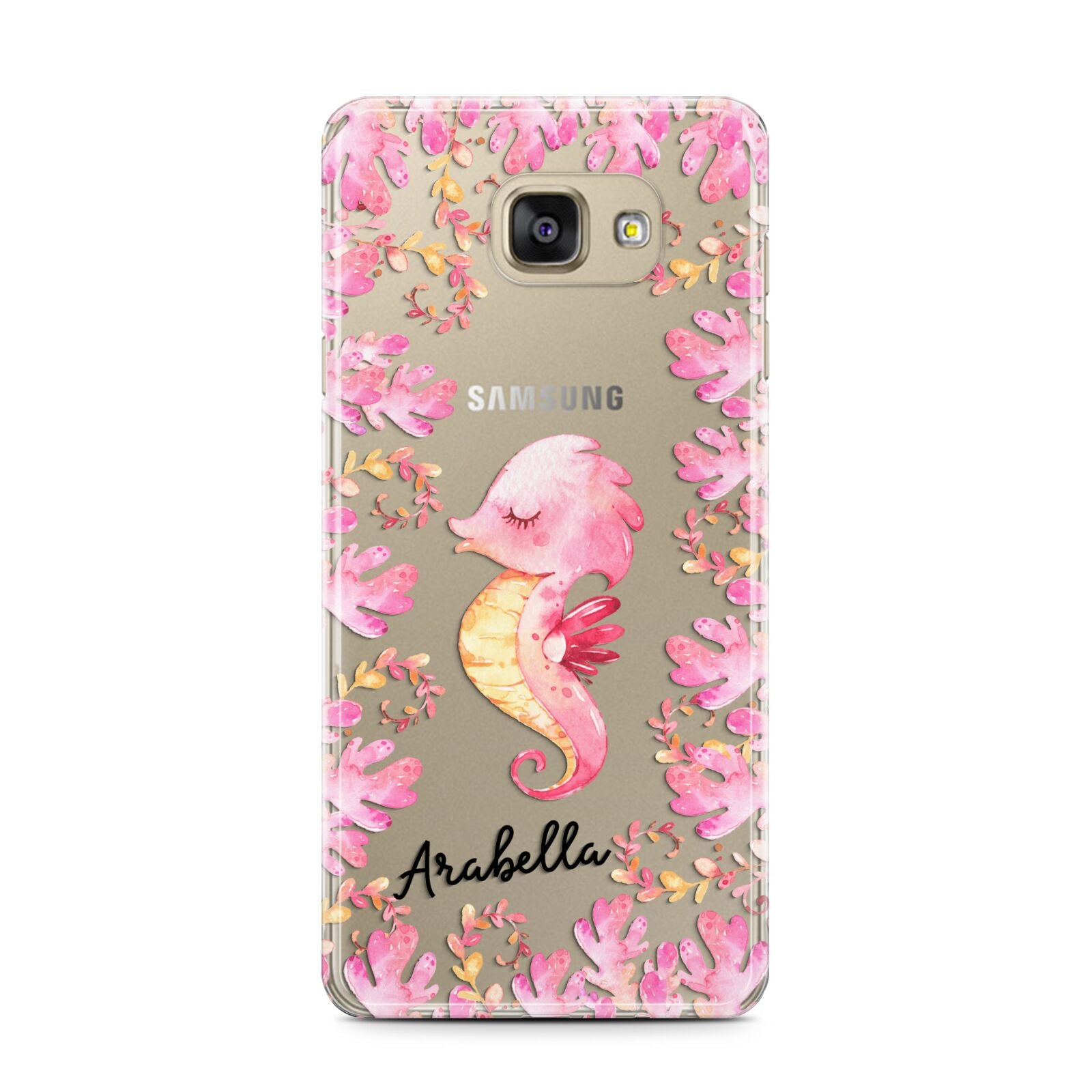 Personalised Pink Seahorse Samsung Galaxy A7 2016 Case on gold phone