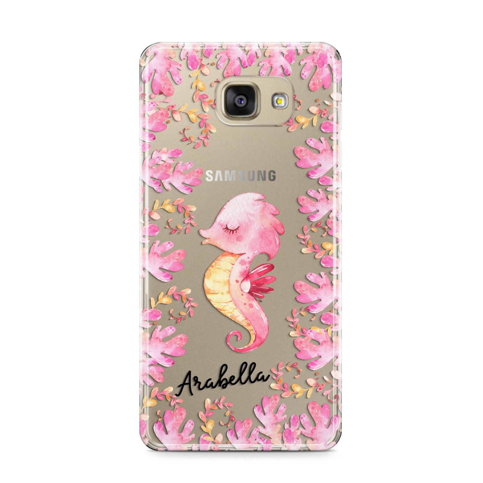 Personalised Pink Seahorse Samsung Galaxy A9 2016 Case on gold phone