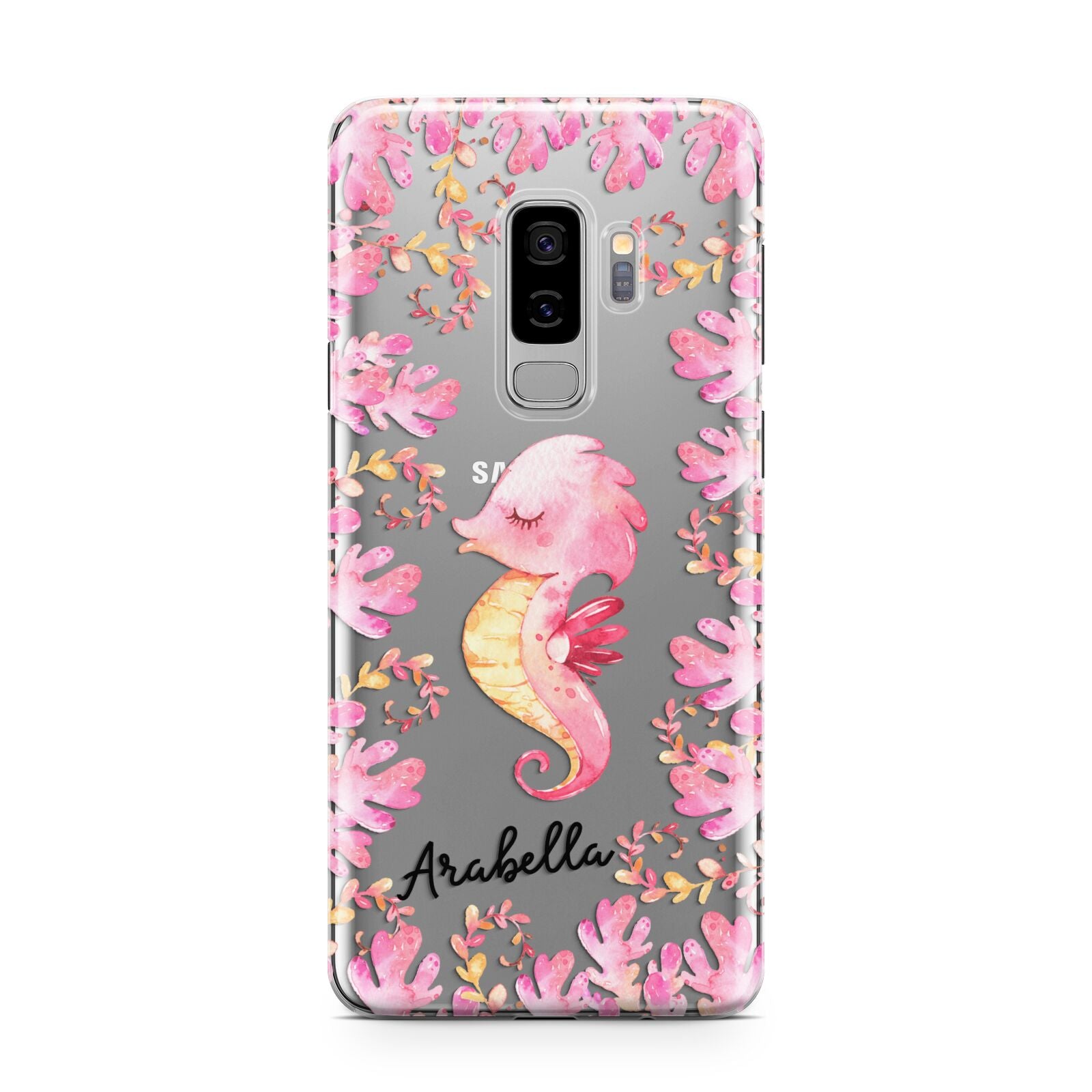 Personalised Pink Seahorse Samsung Galaxy S9 Plus Case on Silver phone