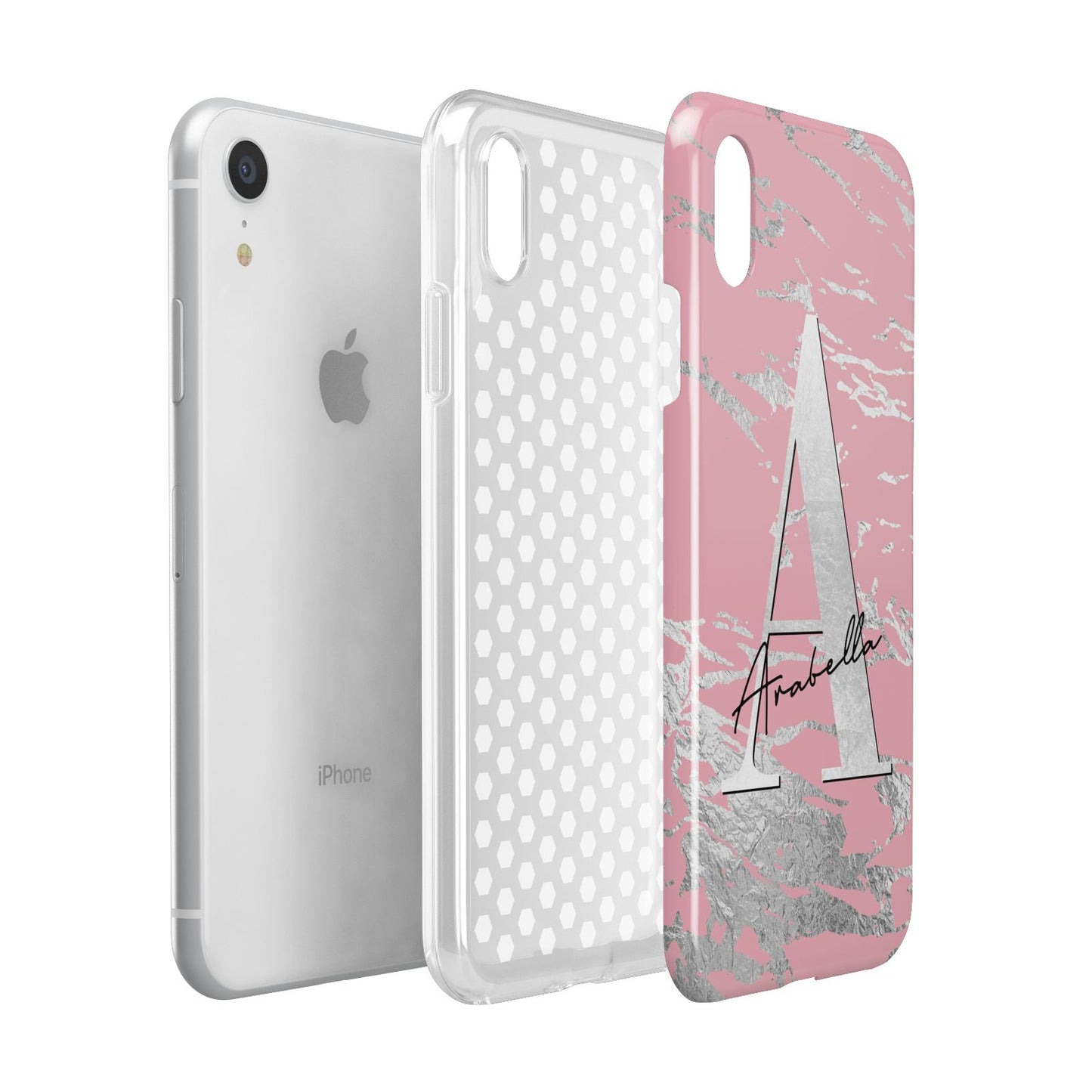 Personalised Pink Silver Apple iPhone XR White 3D Tough Case Expanded view