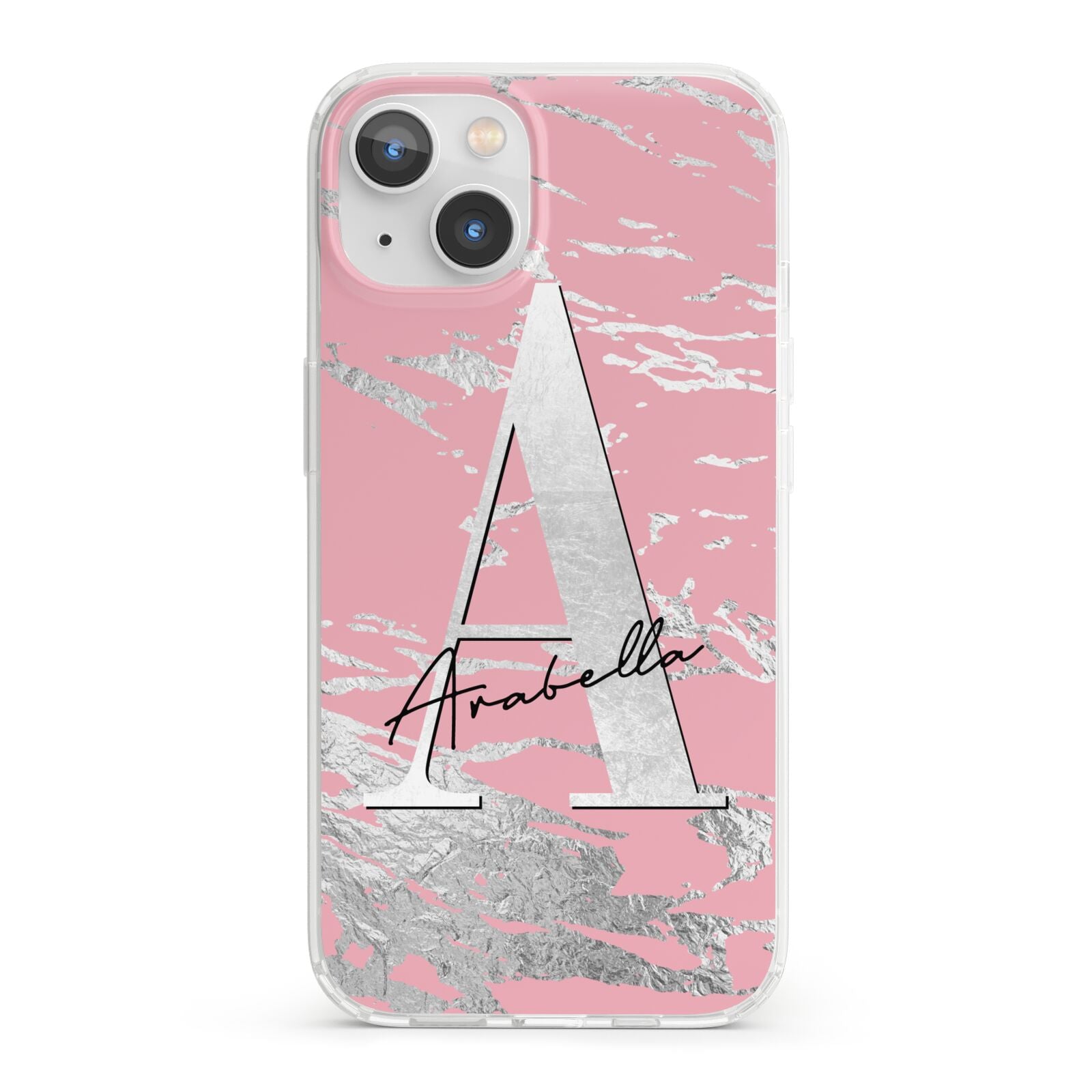 Personalised Pink Silver iPhone 13 Clear Bumper Case