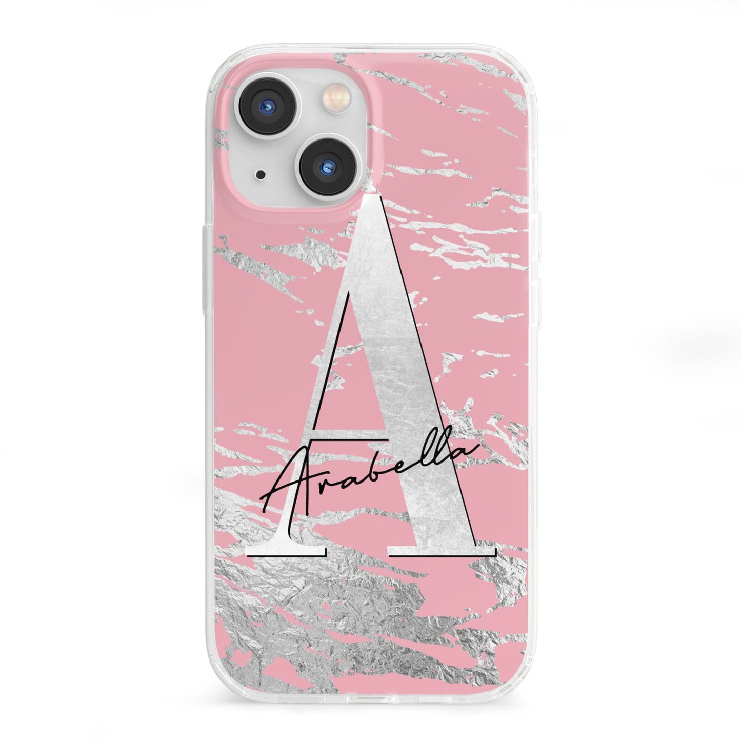 Personalised Pink Silver iPhone 13 Mini Clear Bumper Case