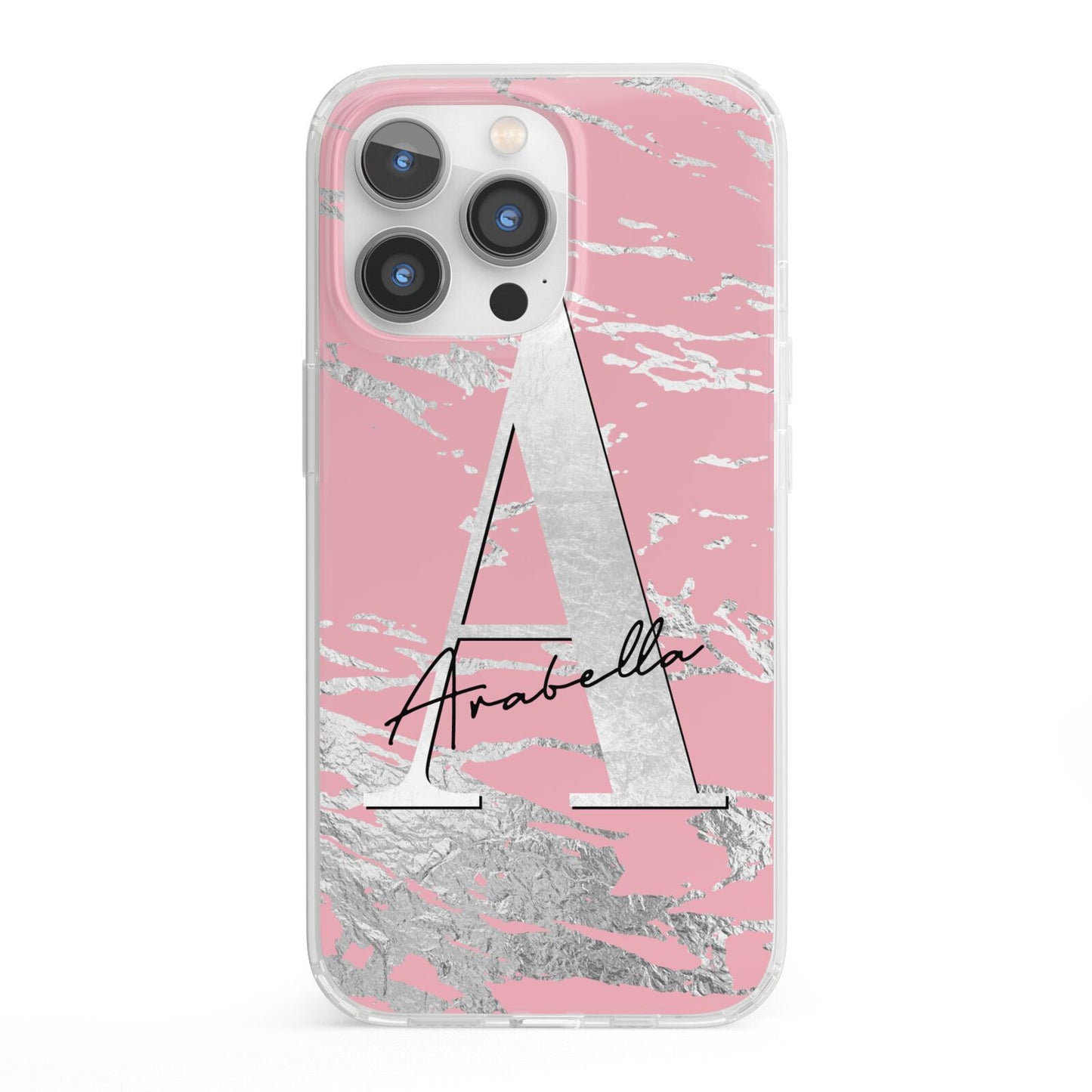 Personalised Pink Silver iPhone 13 Pro Clear Bumper Case