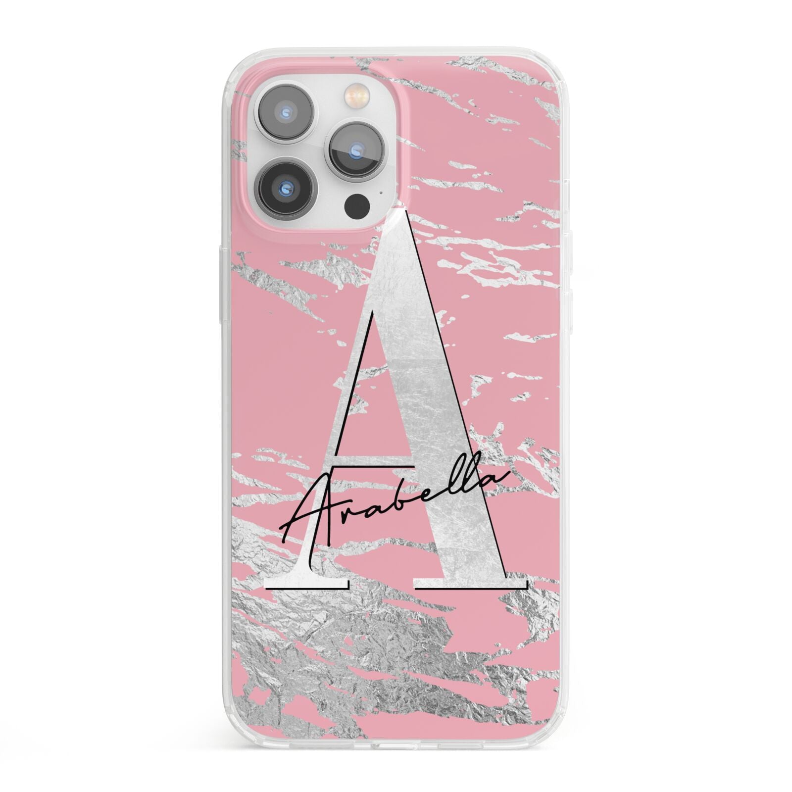 Personalised Pink Silver iPhone 13 Pro Max Clear Bumper Case