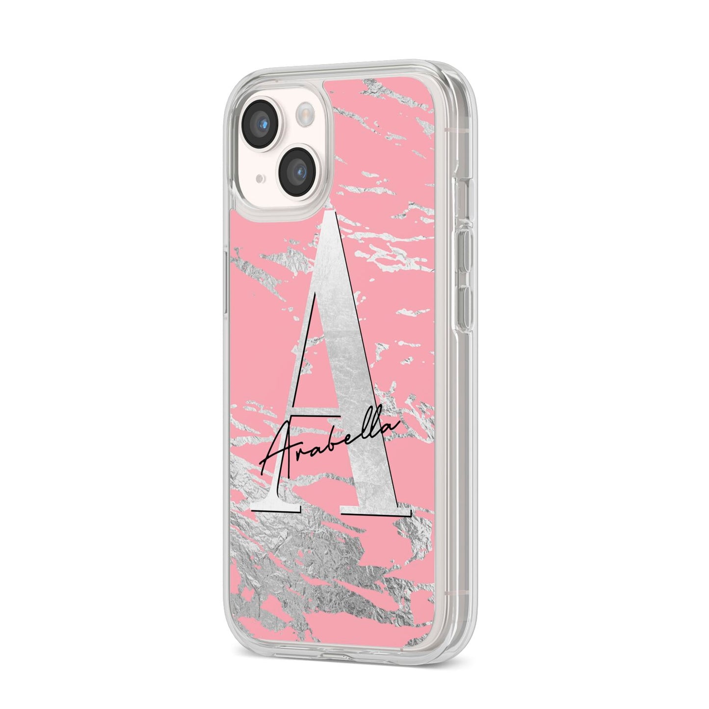 Personalised Pink Silver iPhone 14 Clear Tough Case Starlight Angled Image