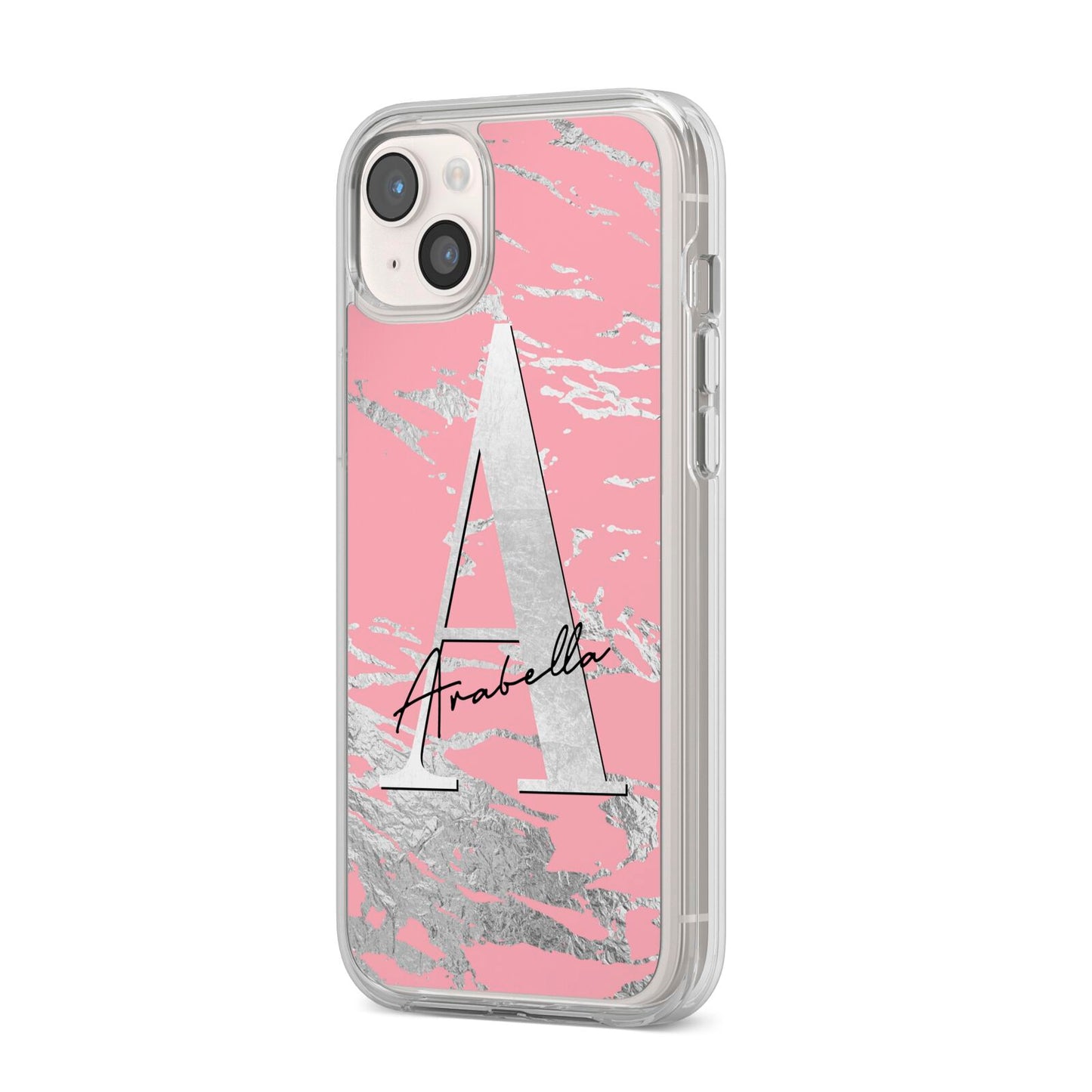 Personalised Pink Silver iPhone 14 Plus Clear Tough Case Starlight Angled Image