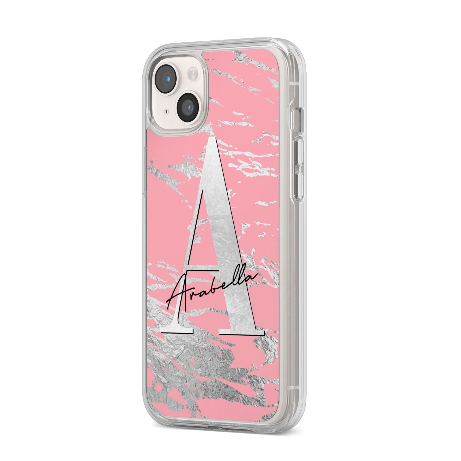 Personalised Pink Silver iPhone 14 Plus Clear Tough Case Starlight Angled Image