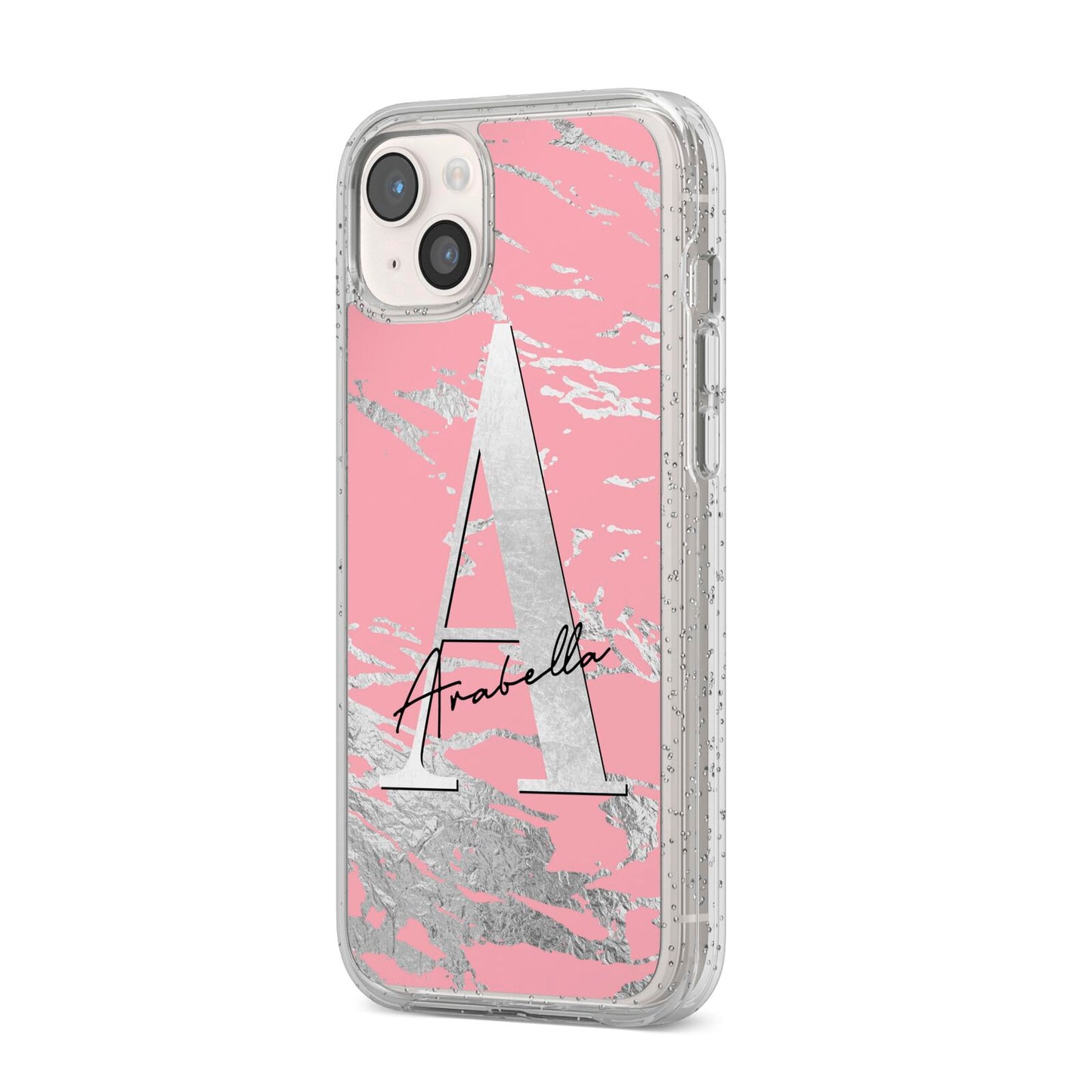 Personalised Pink Silver iPhone 14 Plus Glitter Tough Case Starlight Angled Image