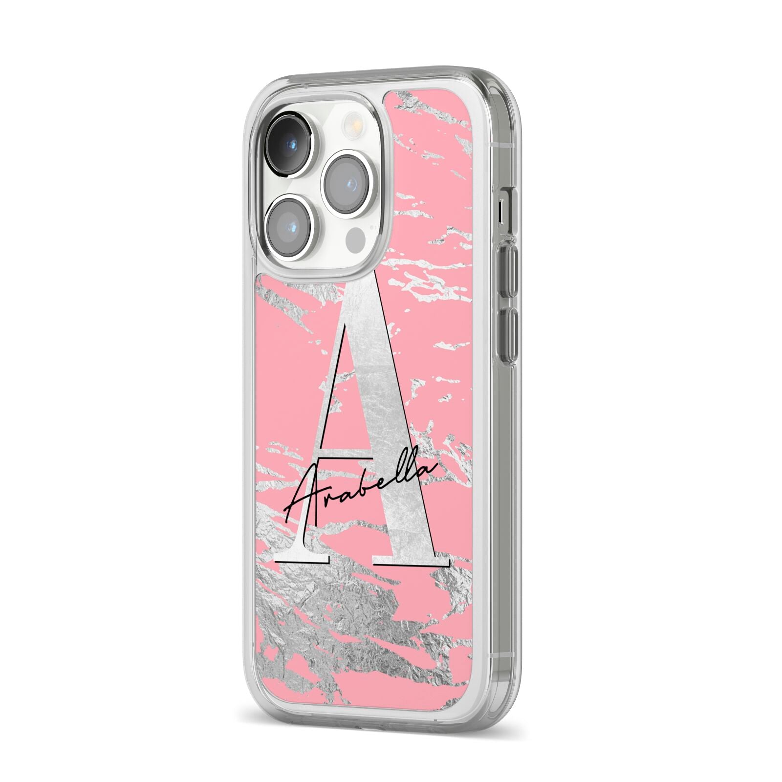 Personalised Pink Silver iPhone 14 Pro Clear Tough Case Silver Angled Image