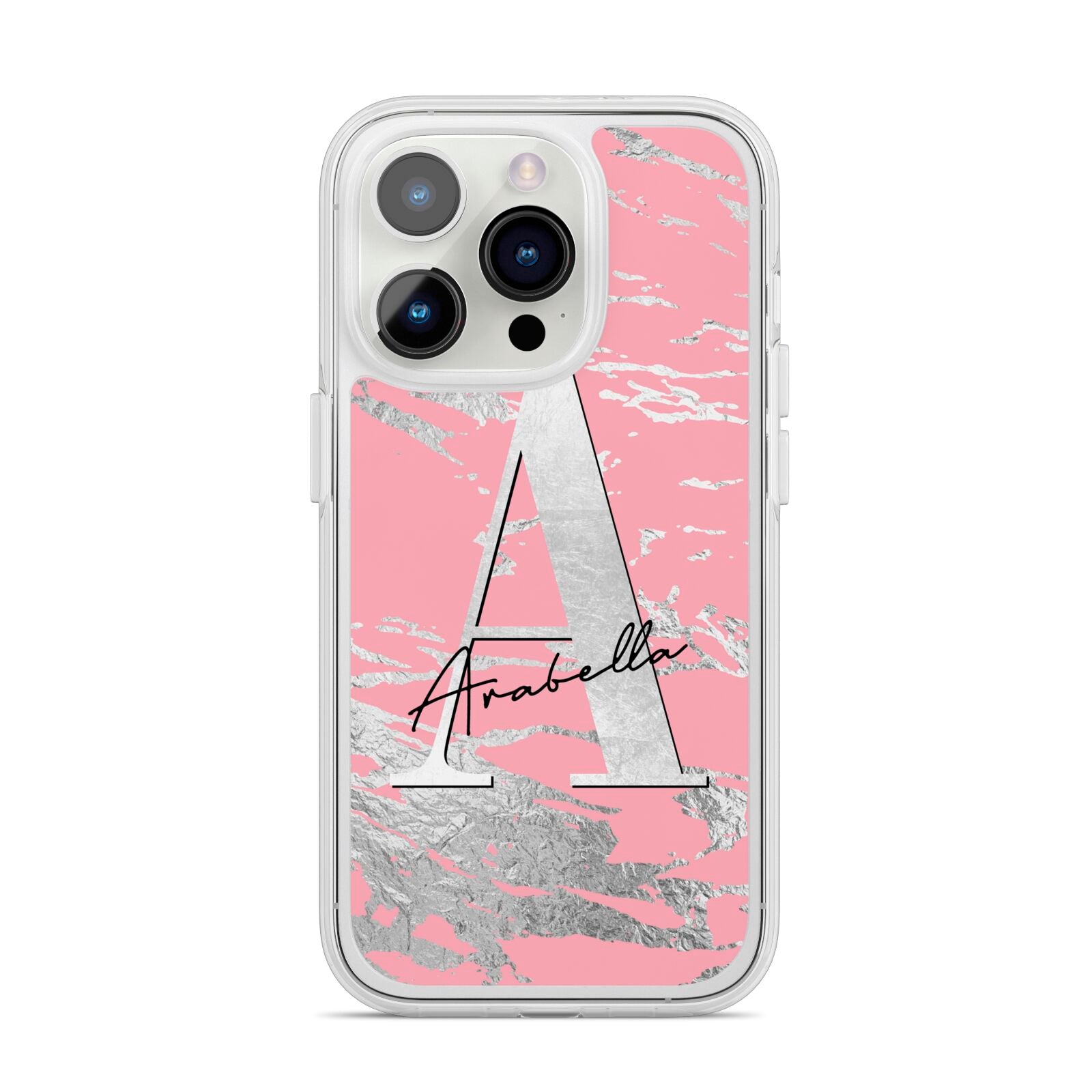 Personalised Pink Silver iPhone 14 Pro Clear Tough Case Silver