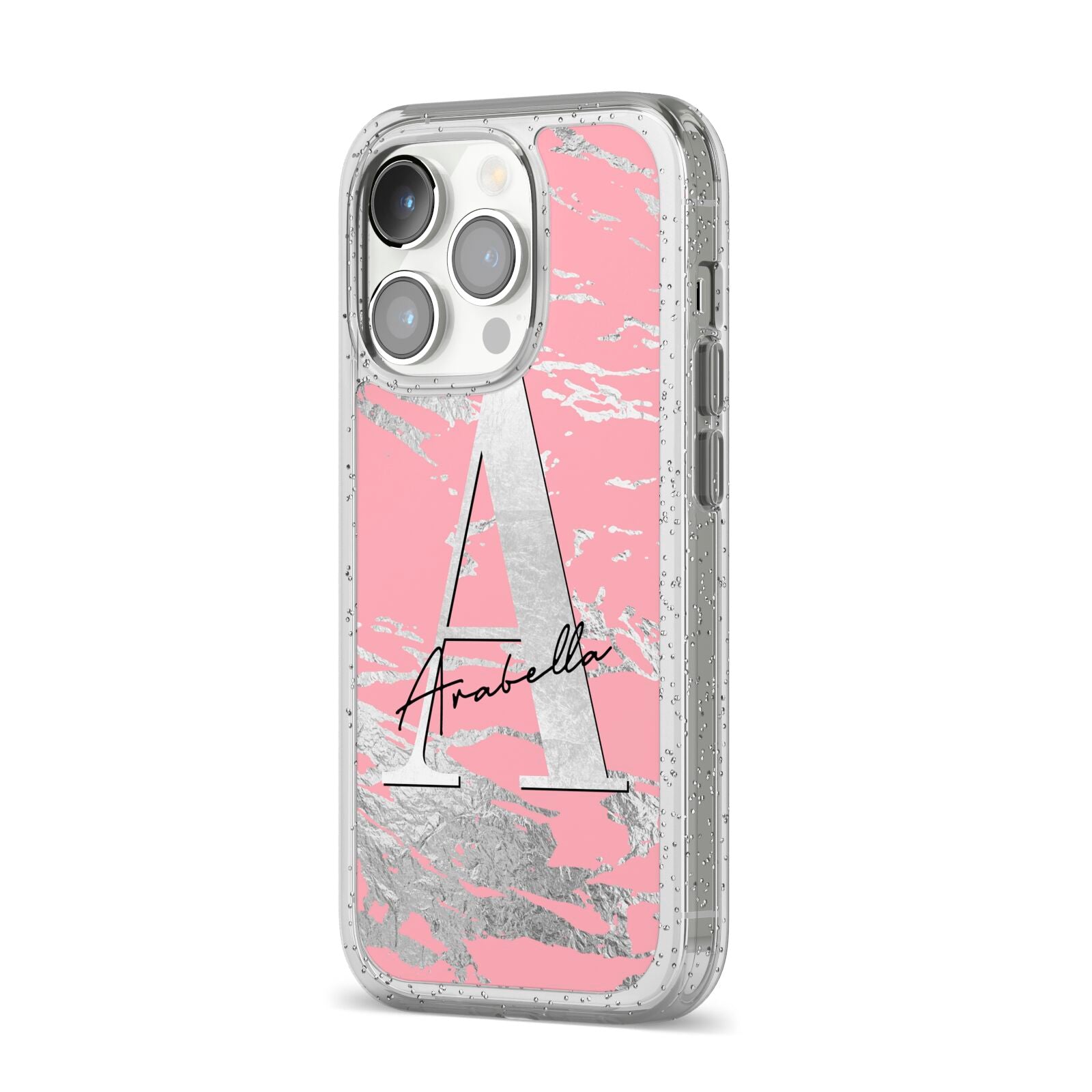 Personalised Pink Silver iPhone 14 Pro Glitter Tough Case Silver Angled Image