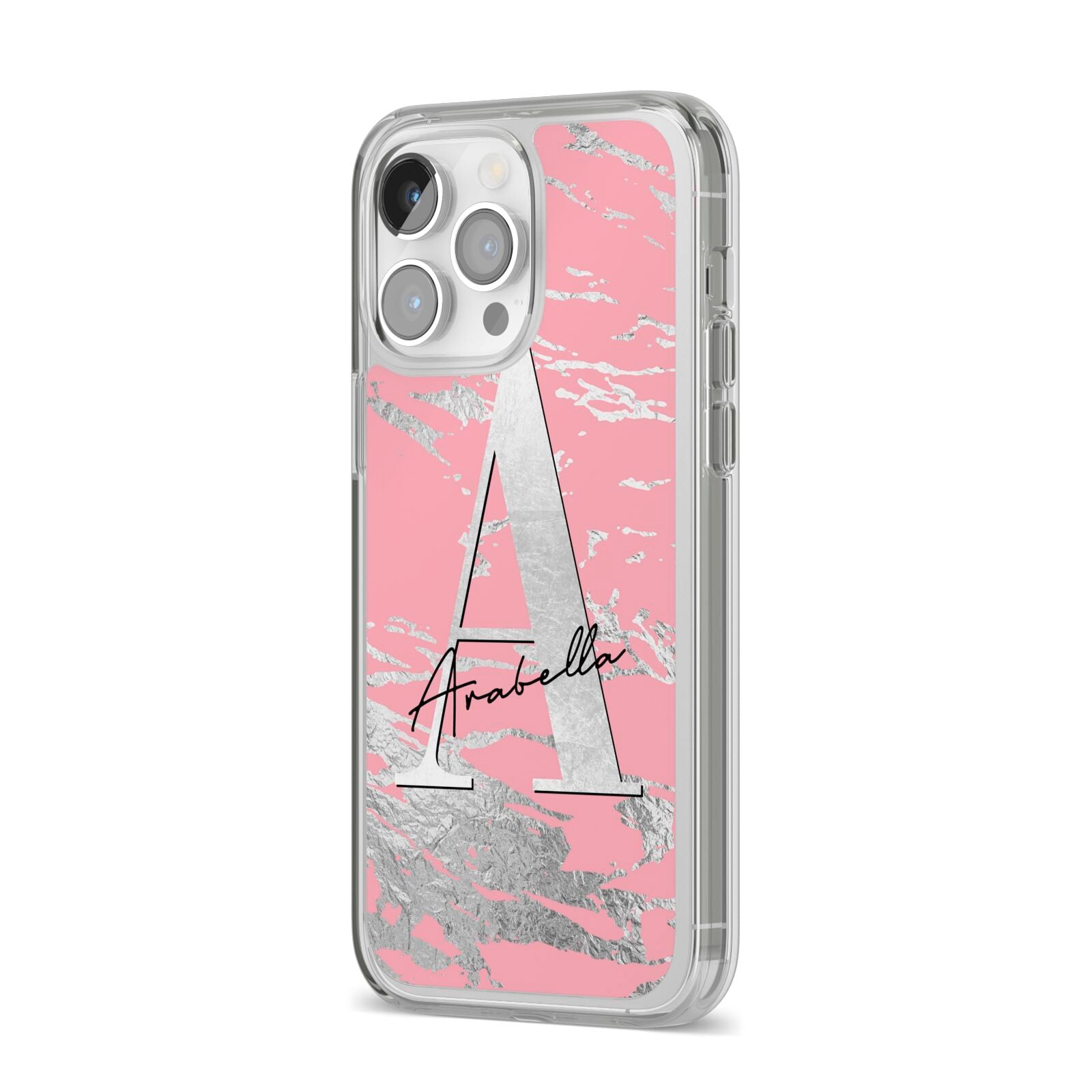 Personalised Pink Silver iPhone 14 Pro Max Clear Tough Case Silver Angled Image