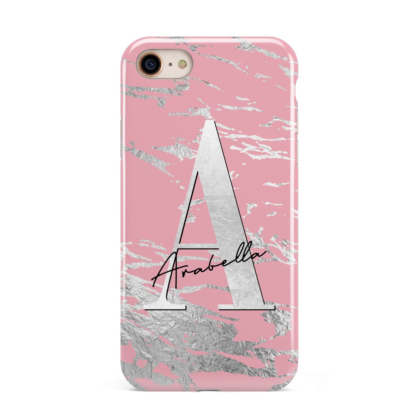 Personalised Pink Silver iPhone 8 3D Tough Case on Gold Phone