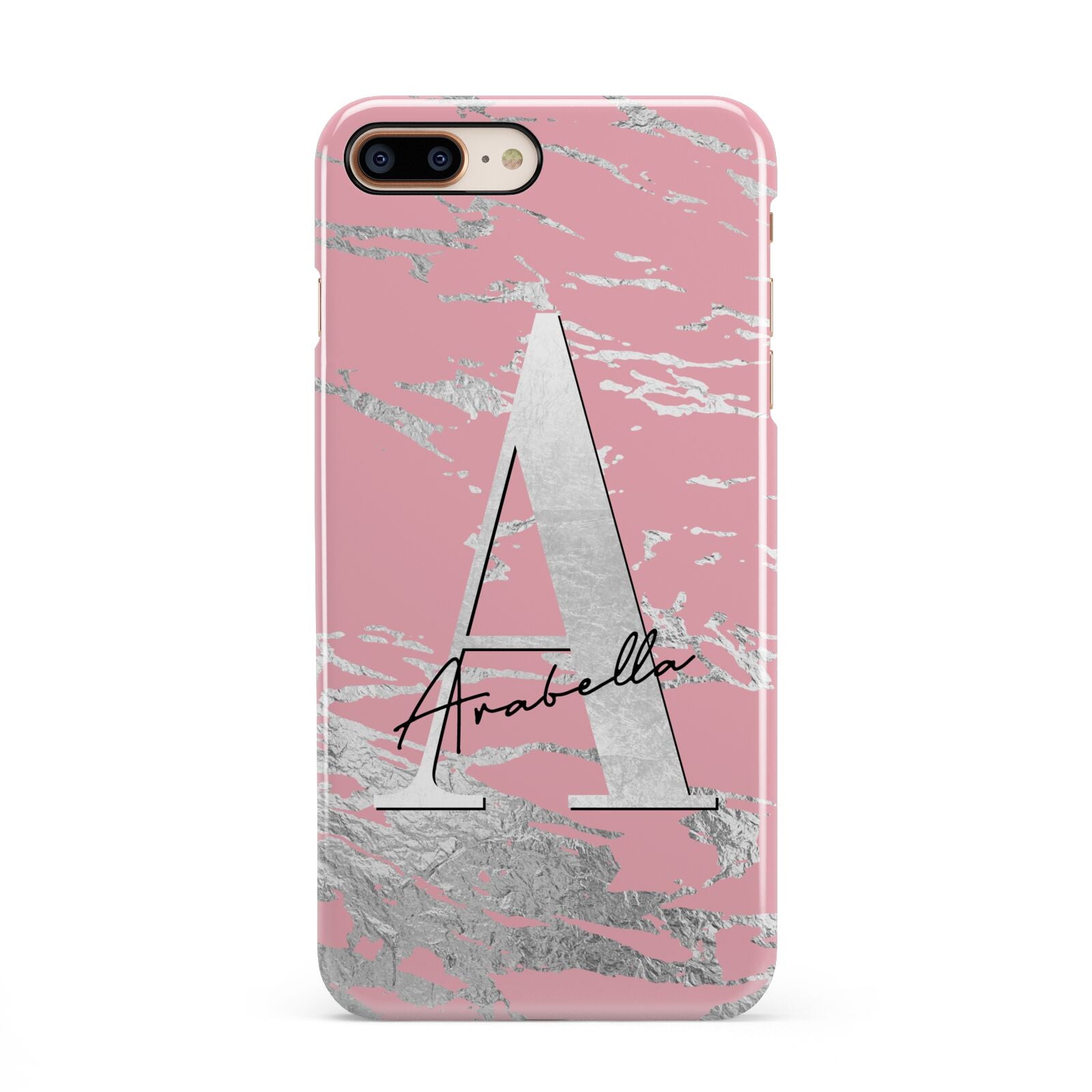 Personalised Pink Silver iPhone 8 Plus 3D Snap Case on Gold Phone