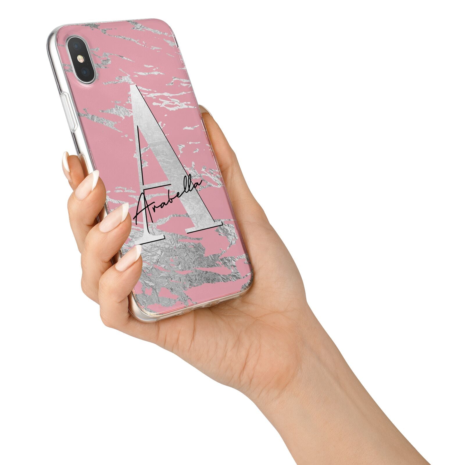 Personalised Pink Silver iPhone X Bumper Case on Silver iPhone Alternative Image 2