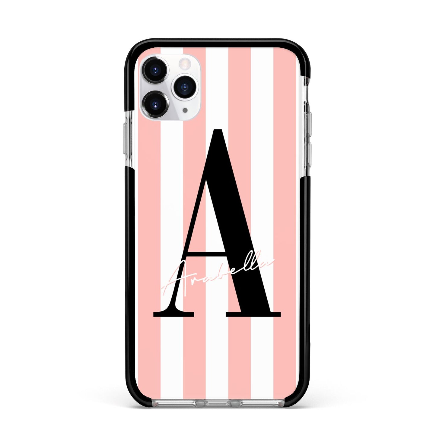 Personalised Pink Striped Initial Apple iPhone 11 Pro Max in Silver with Black Impact Case