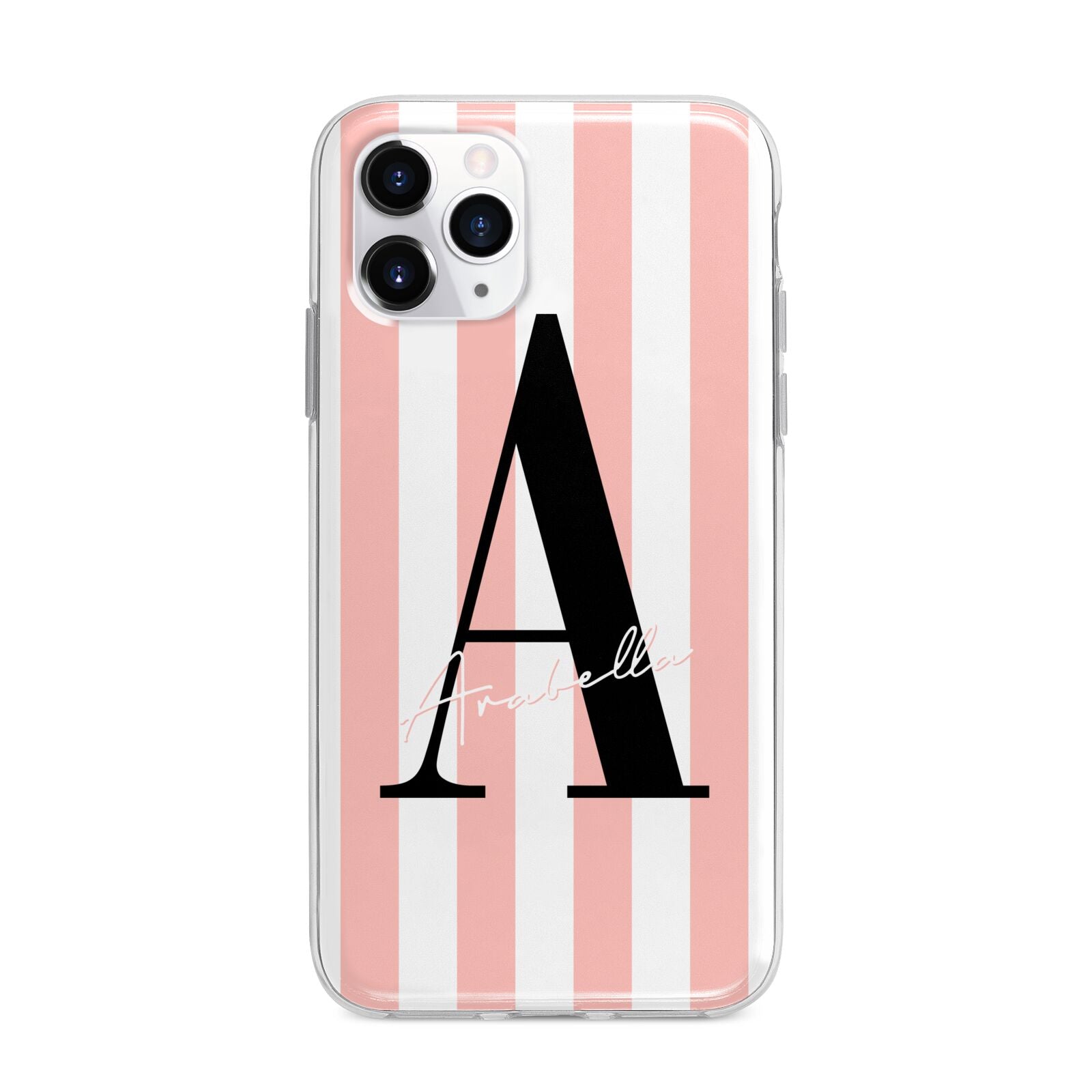 Personalised Pink Striped Initial Apple iPhone 11 Pro Max in Silver with Bumper Case