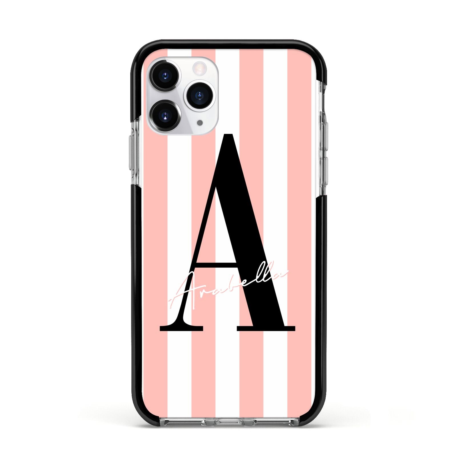 Personalised Pink Striped Initial Apple iPhone 11 Pro in Silver with Black Impact Case