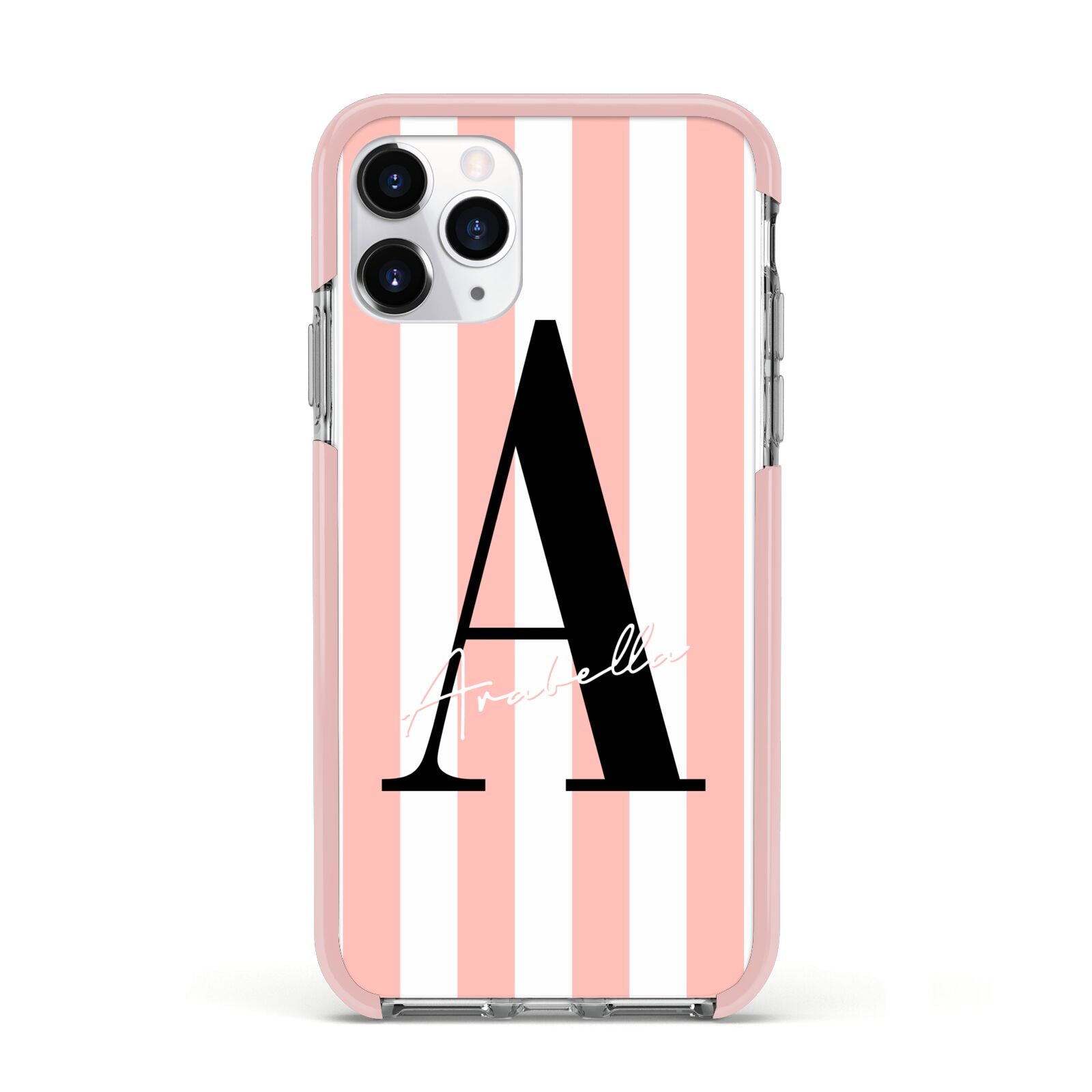 Personalised Pink Striped Initial Apple iPhone 11 Pro in Silver with Pink Impact Case