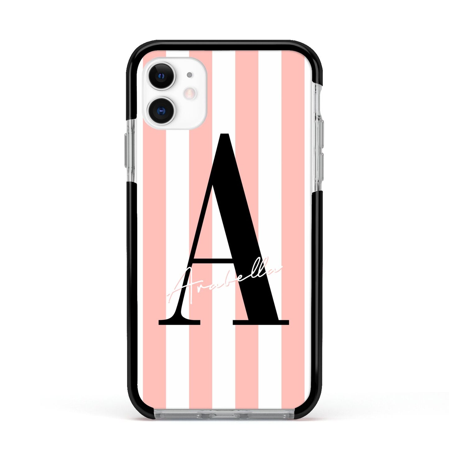 Personalised Pink Striped Initial Apple iPhone 11 in White with Black Impact Case