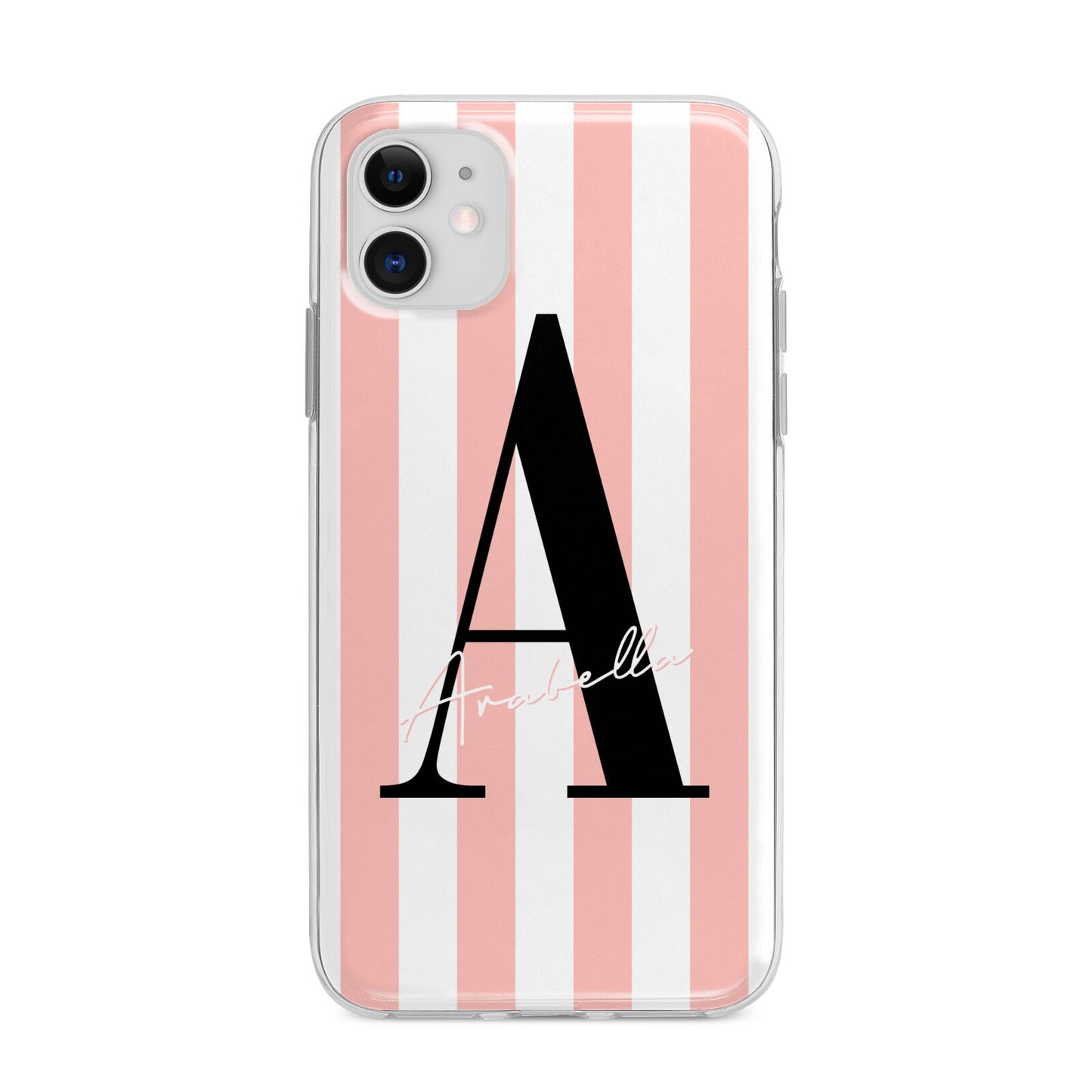 Personalised Pink Striped Initial Apple iPhone 11 in White with Bumper Case