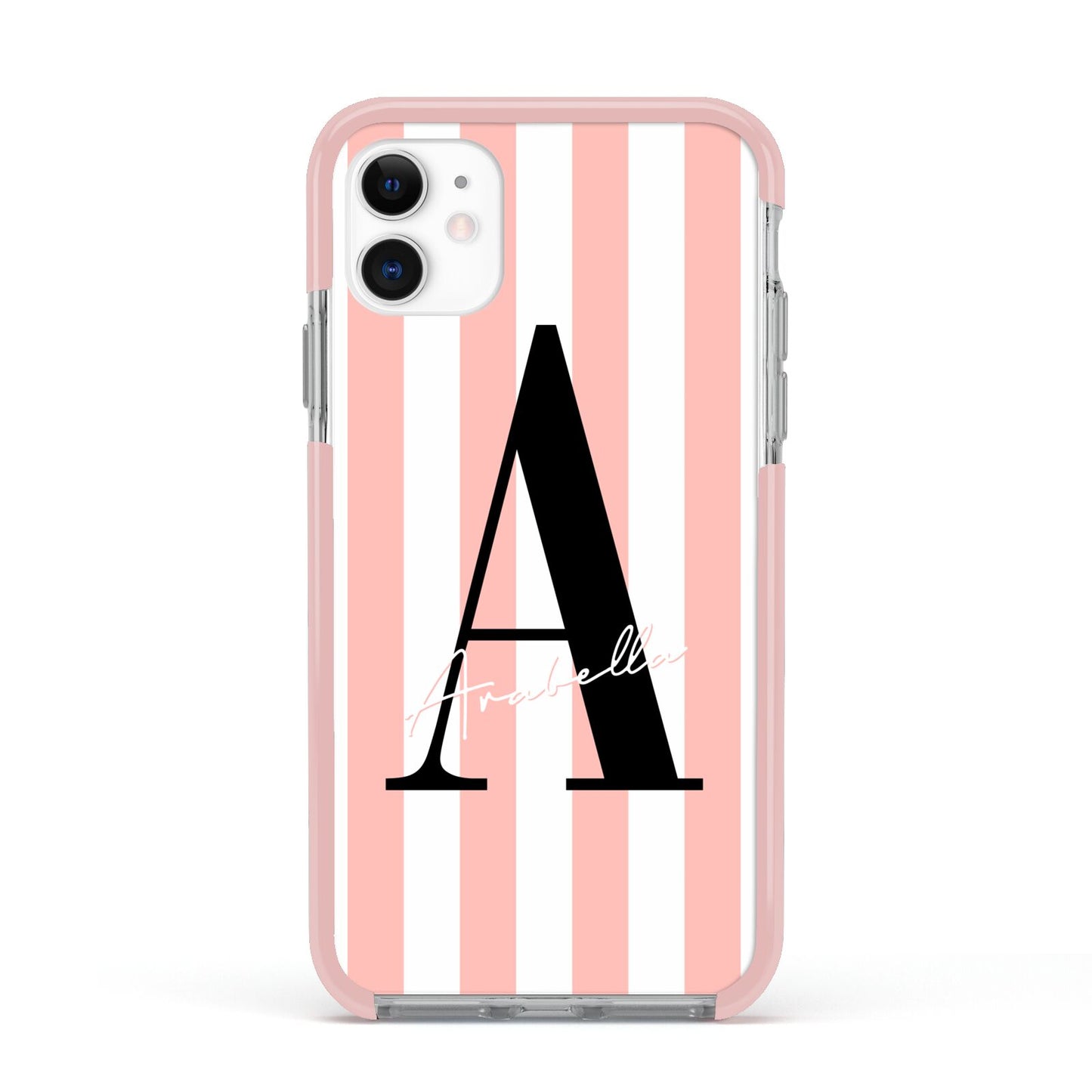 Personalised Pink Striped Initial Apple iPhone 11 in White with Pink Impact Case